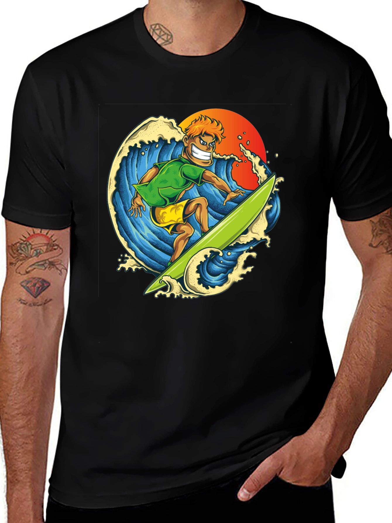 Surfer Dude Graphic Tee - Black Cotton T-Shirt