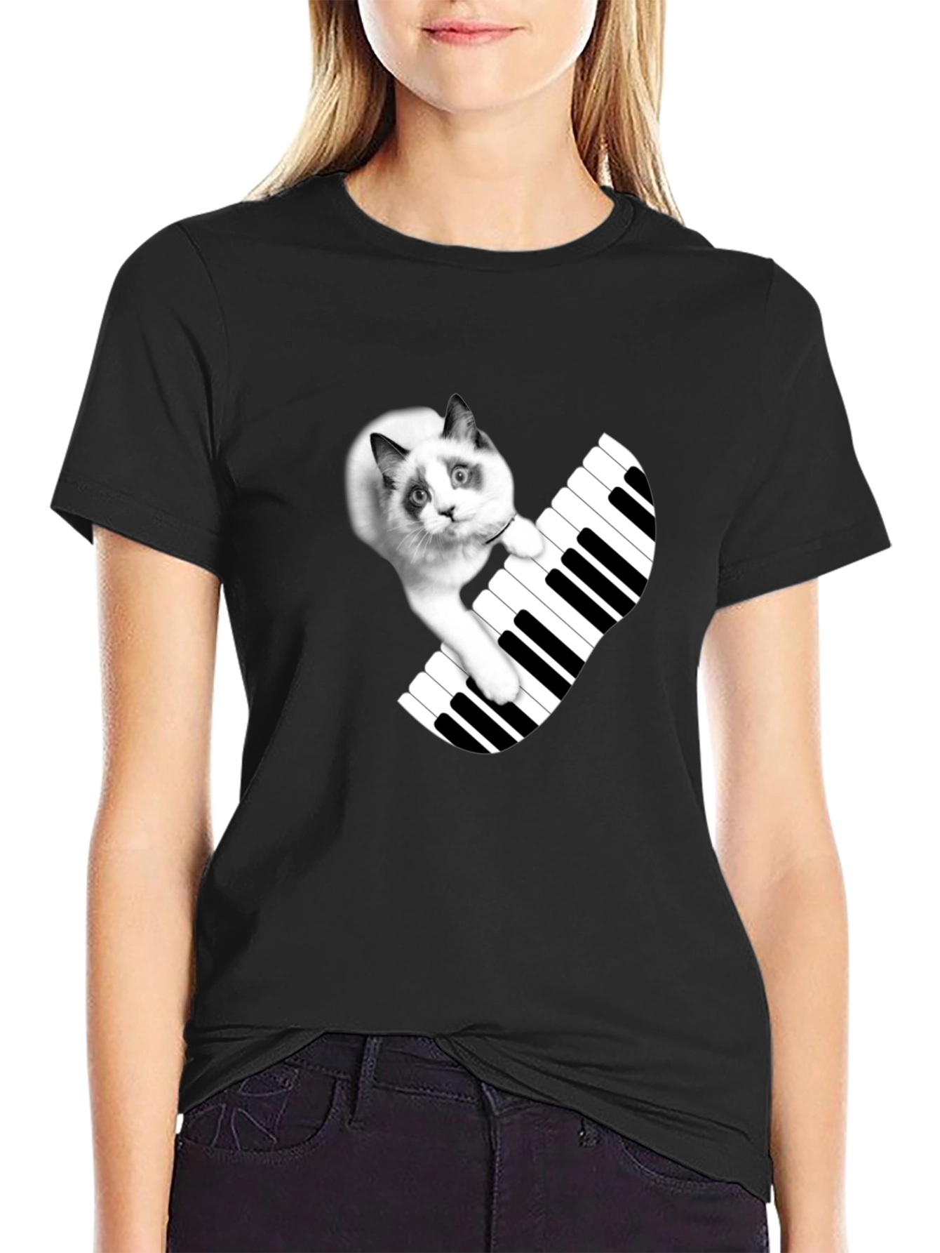 Cat Playing Piano T-Shirt - Novelty Tee