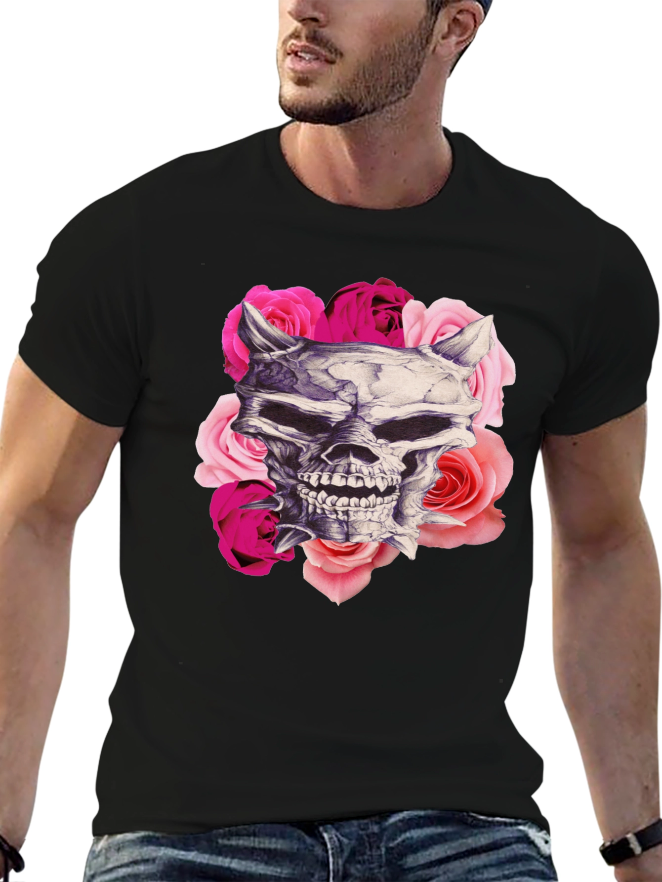 Skull and Roses Graphic Print Black T-Shirt