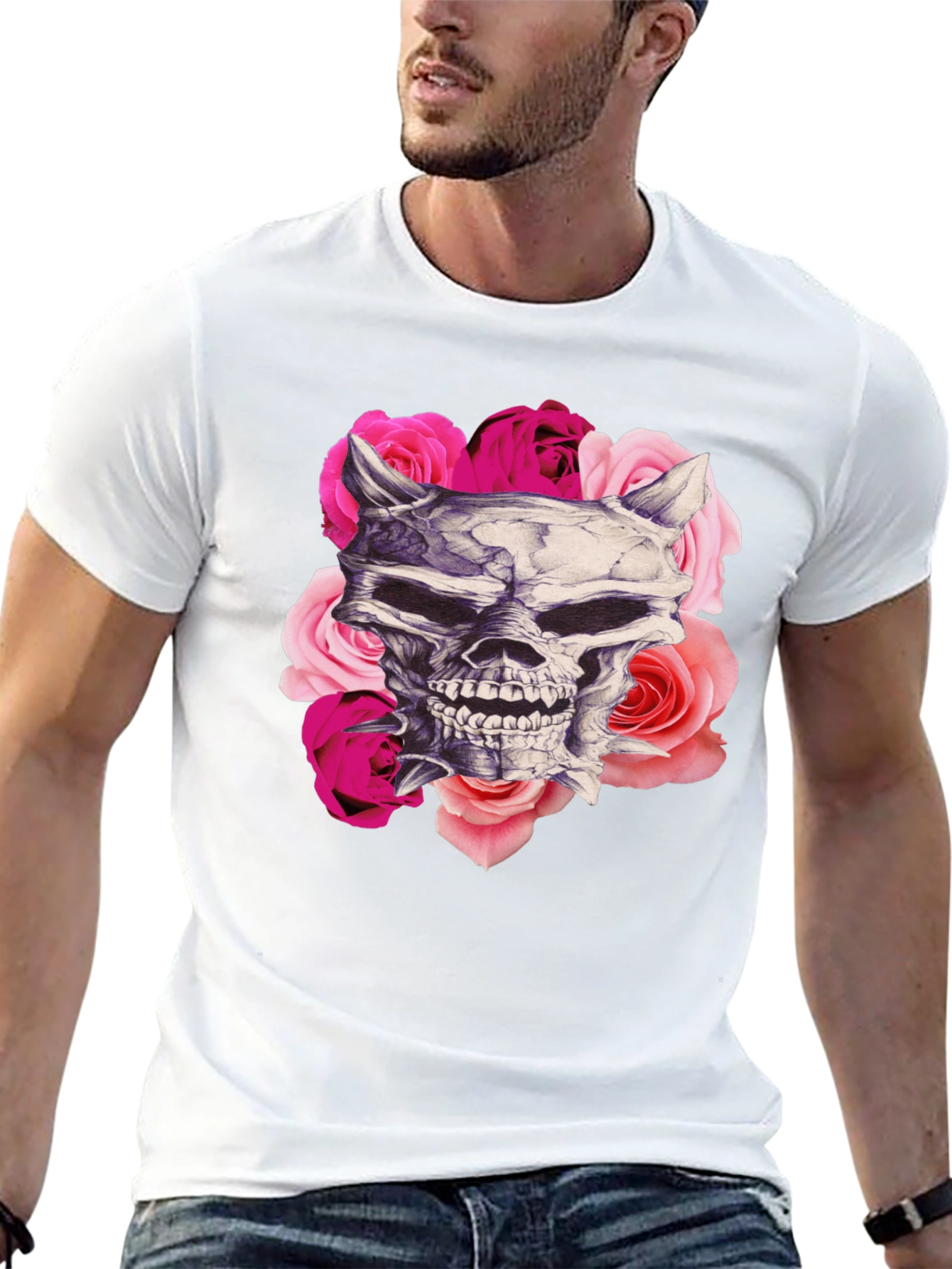 Skull and Roses Graphic Print Black T-Shirt
