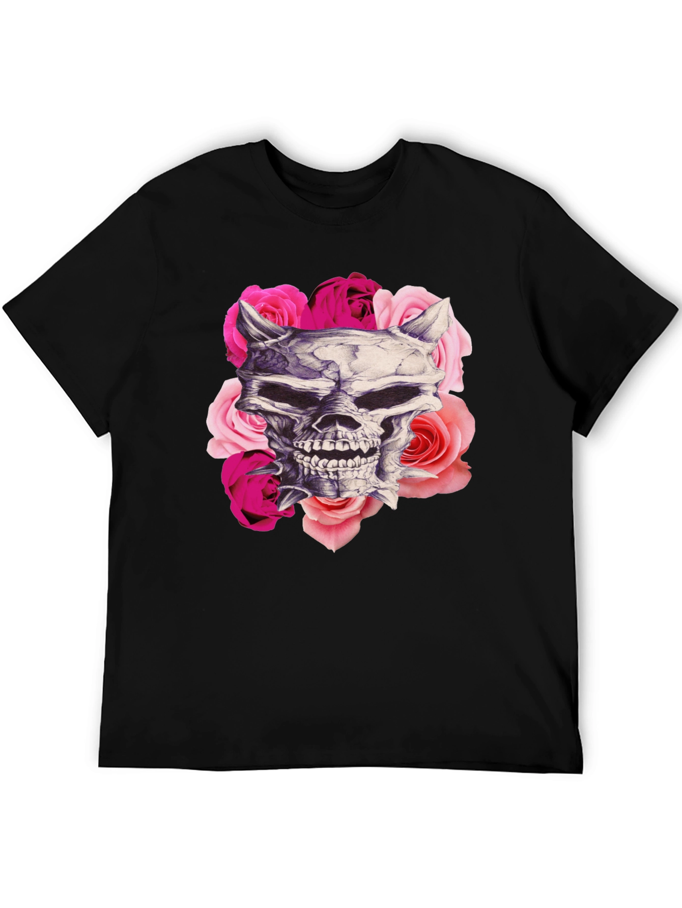 Skull and Roses Graphic Print Black T-Shirt