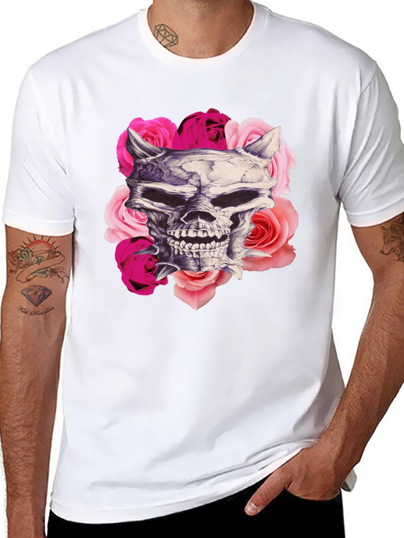Skull and Roses Graphic Print Black T-Shirt