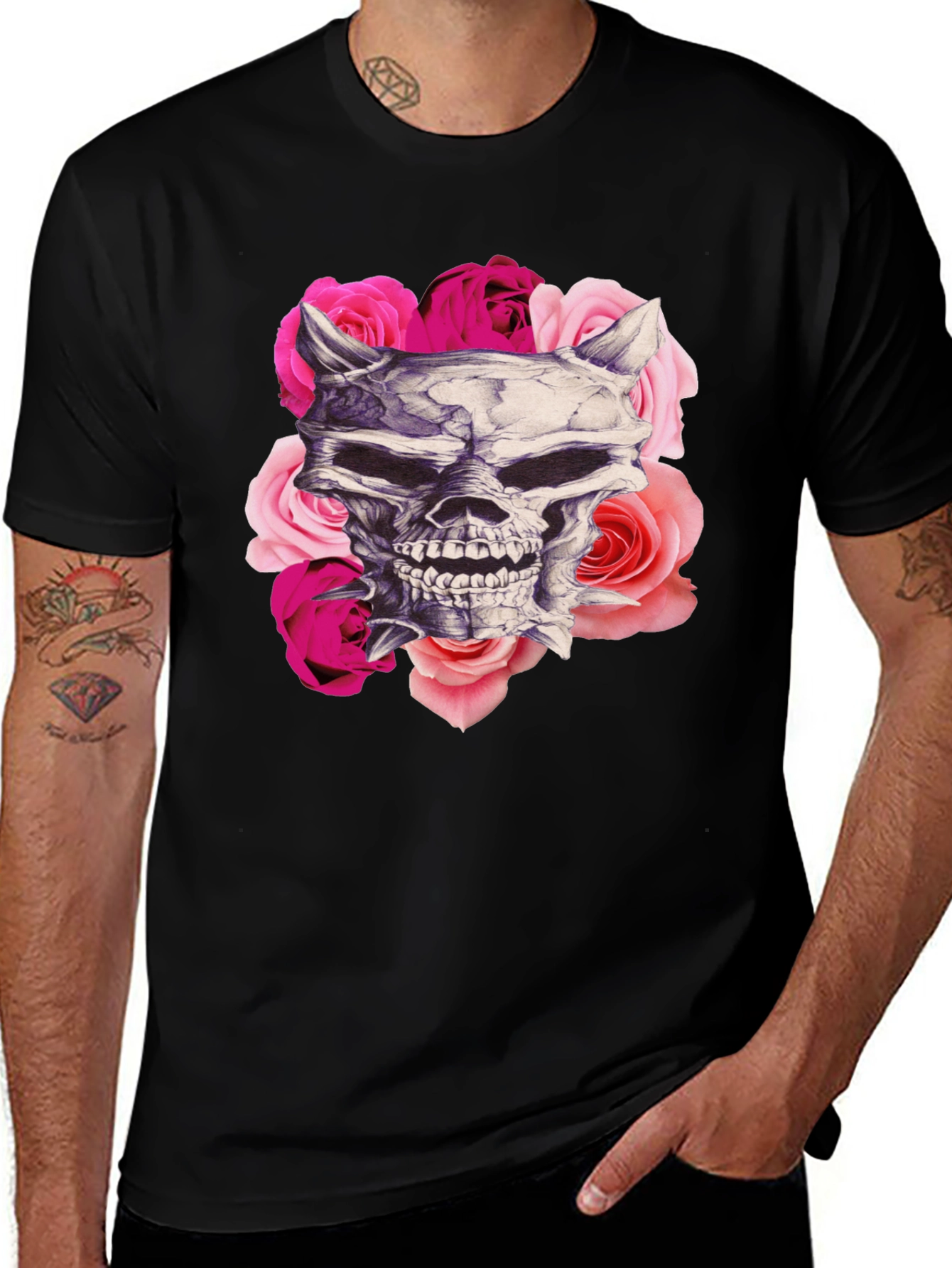 Skull and Roses Graphic Print Black T-Shirt