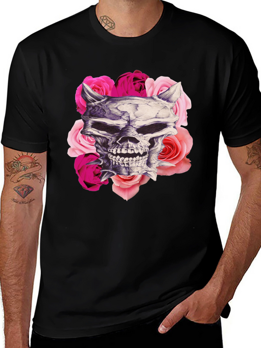 Skull and Roses Graphic Print Black T-Shirt