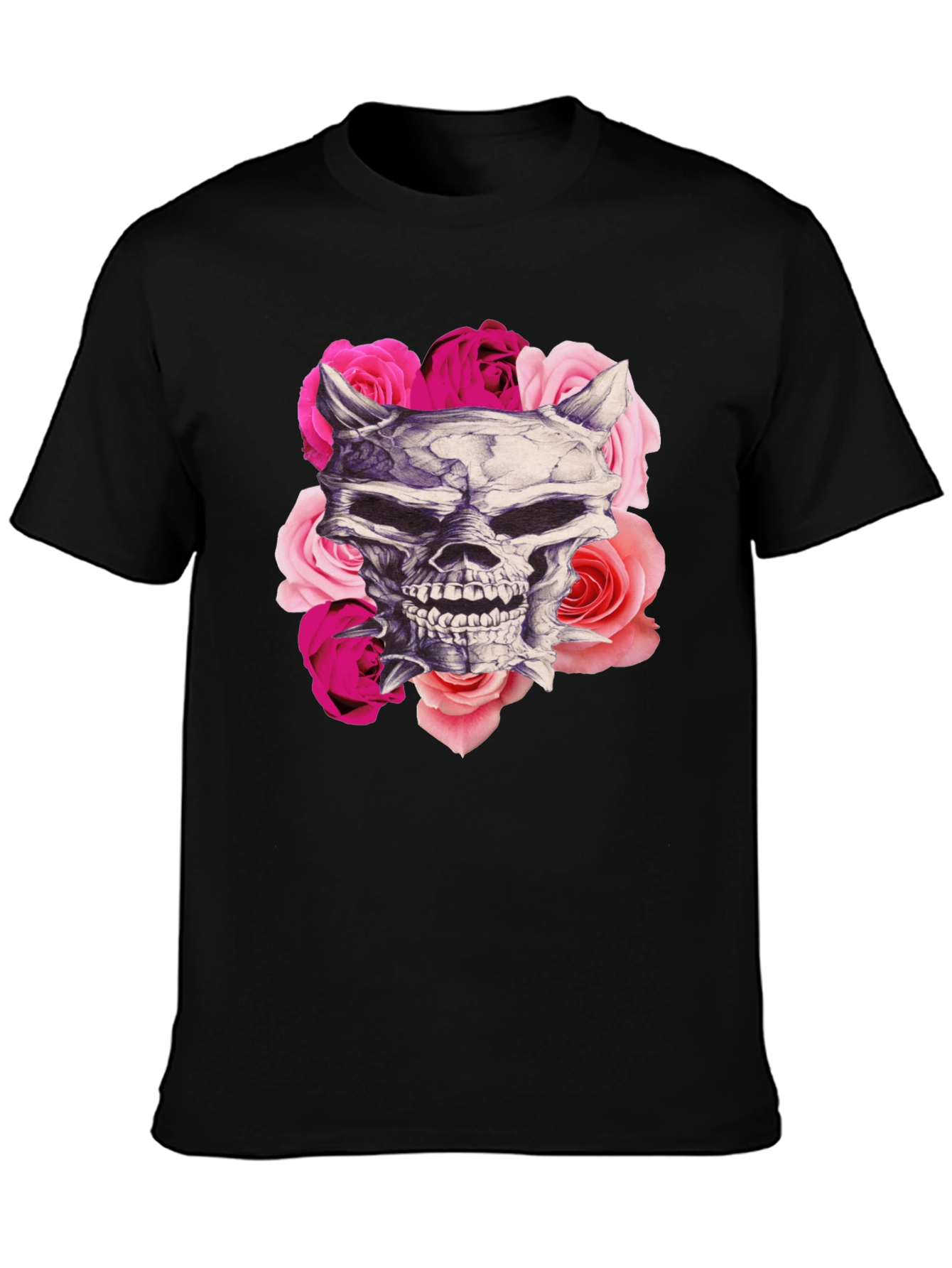 Skull and Roses Graphic Print Black T-Shirt