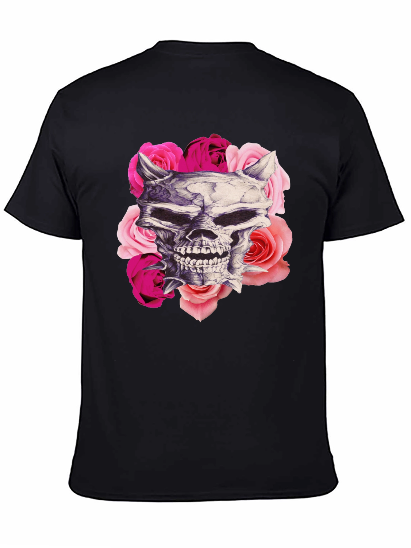 Skull and Roses Graphic Print Black T-Shirt