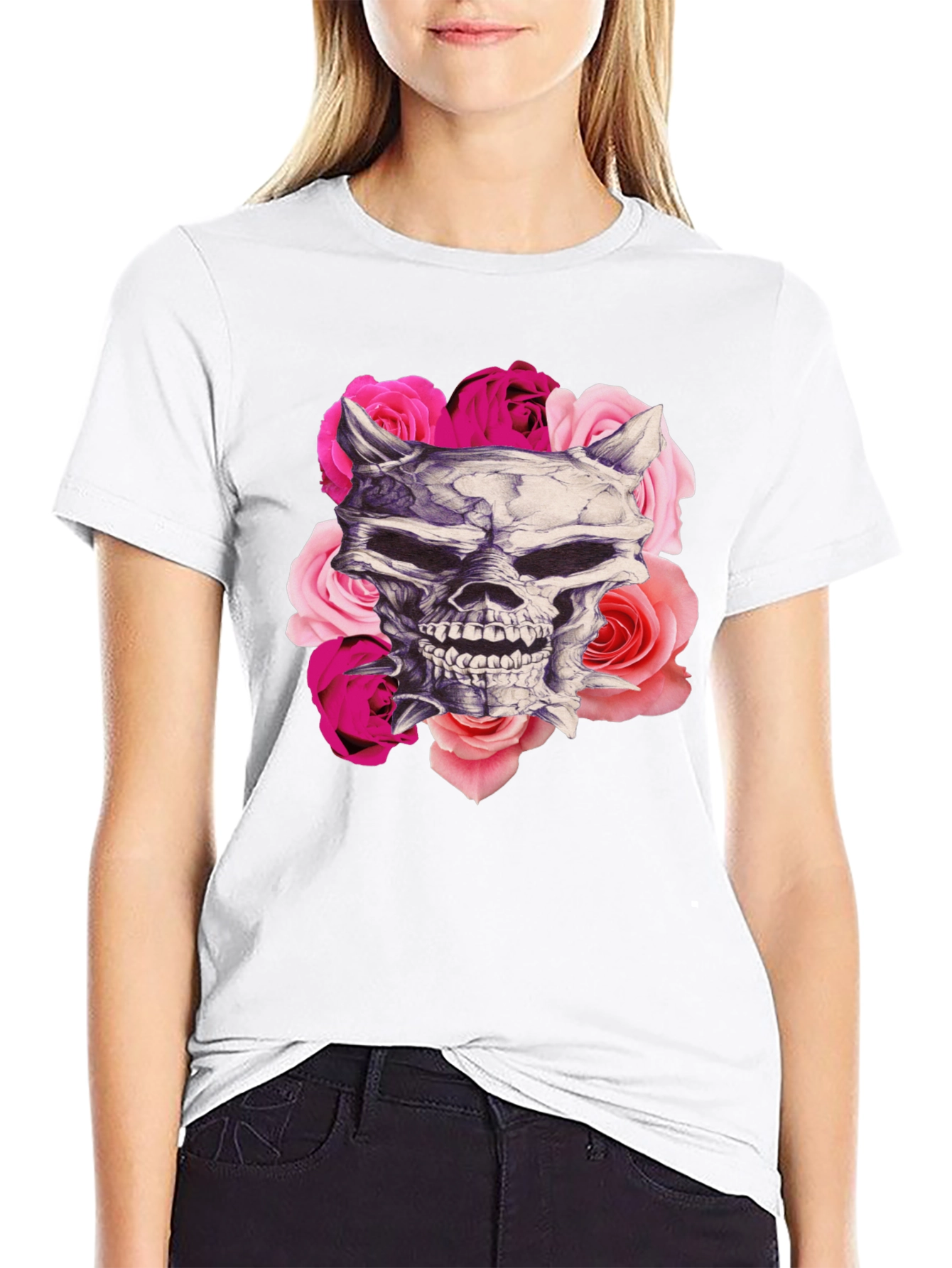 Skull and Roses Graphic Print Black T-Shirt