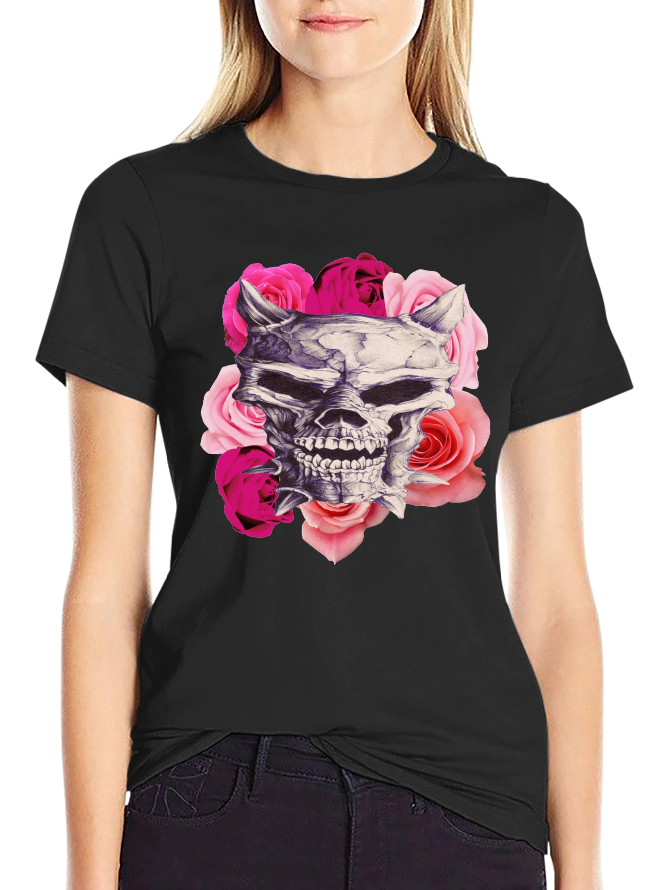 Skull and Roses Graphic Print Black T-Shirt