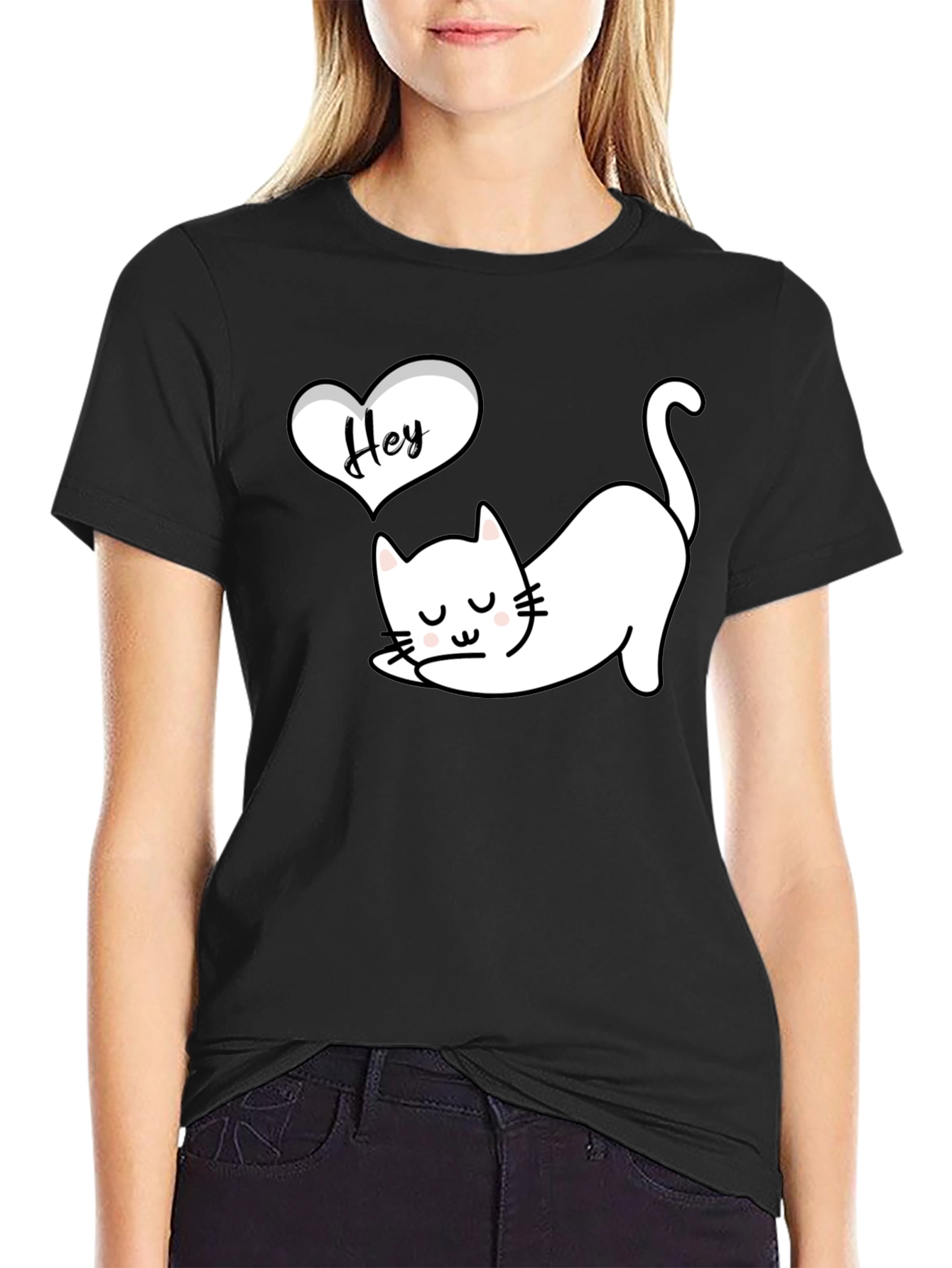 Cute Cat Hey Black Graphic Tee