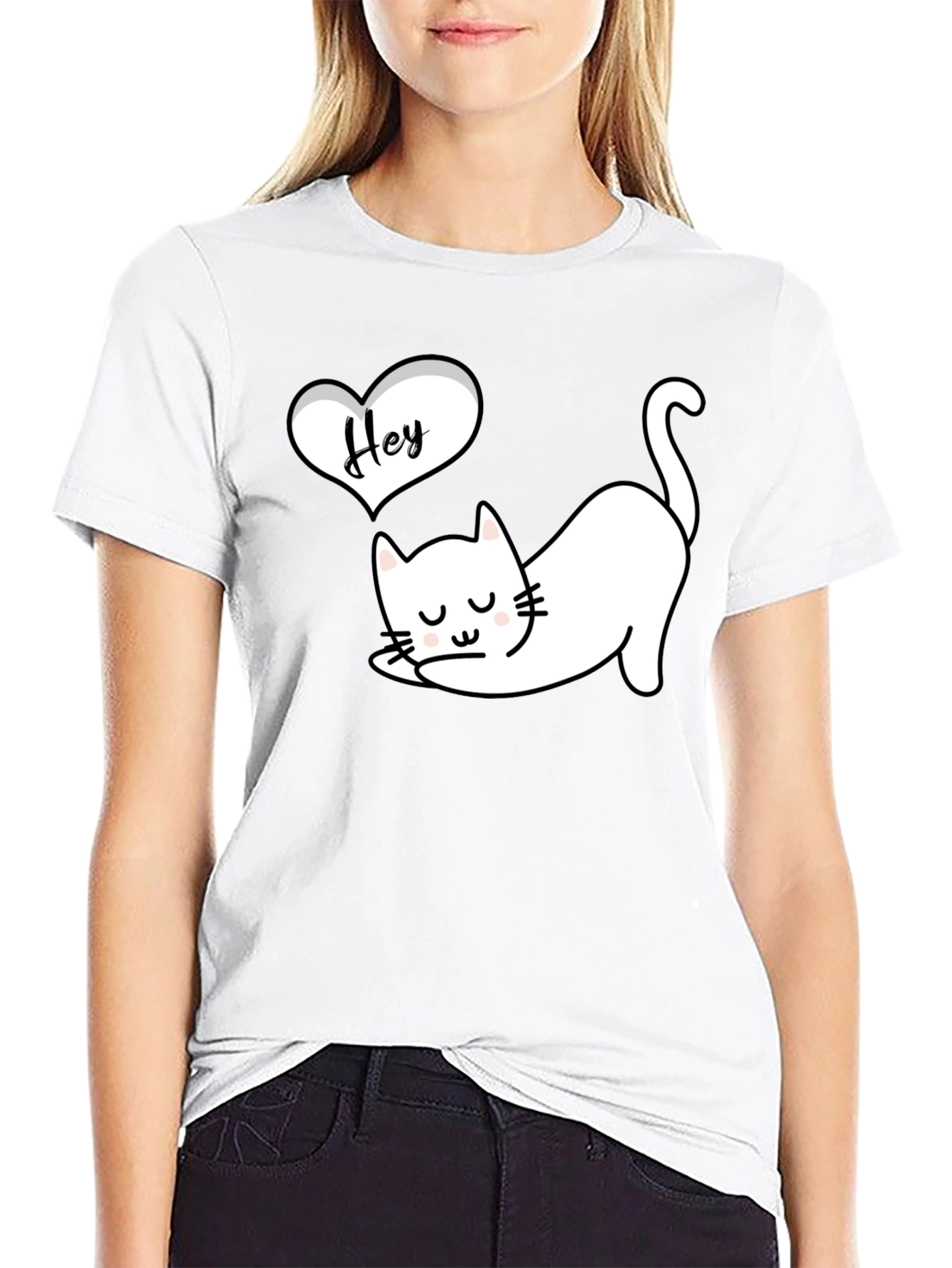 Cute Cat Hey Black Graphic Tee