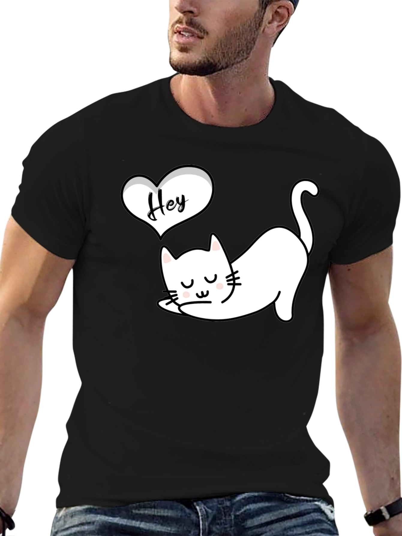 Cute Cat Hey Black Graphic Tee