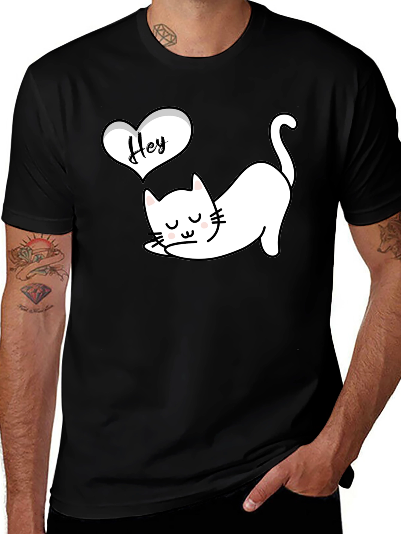 Cute Cat Hey Black Graphic Tee