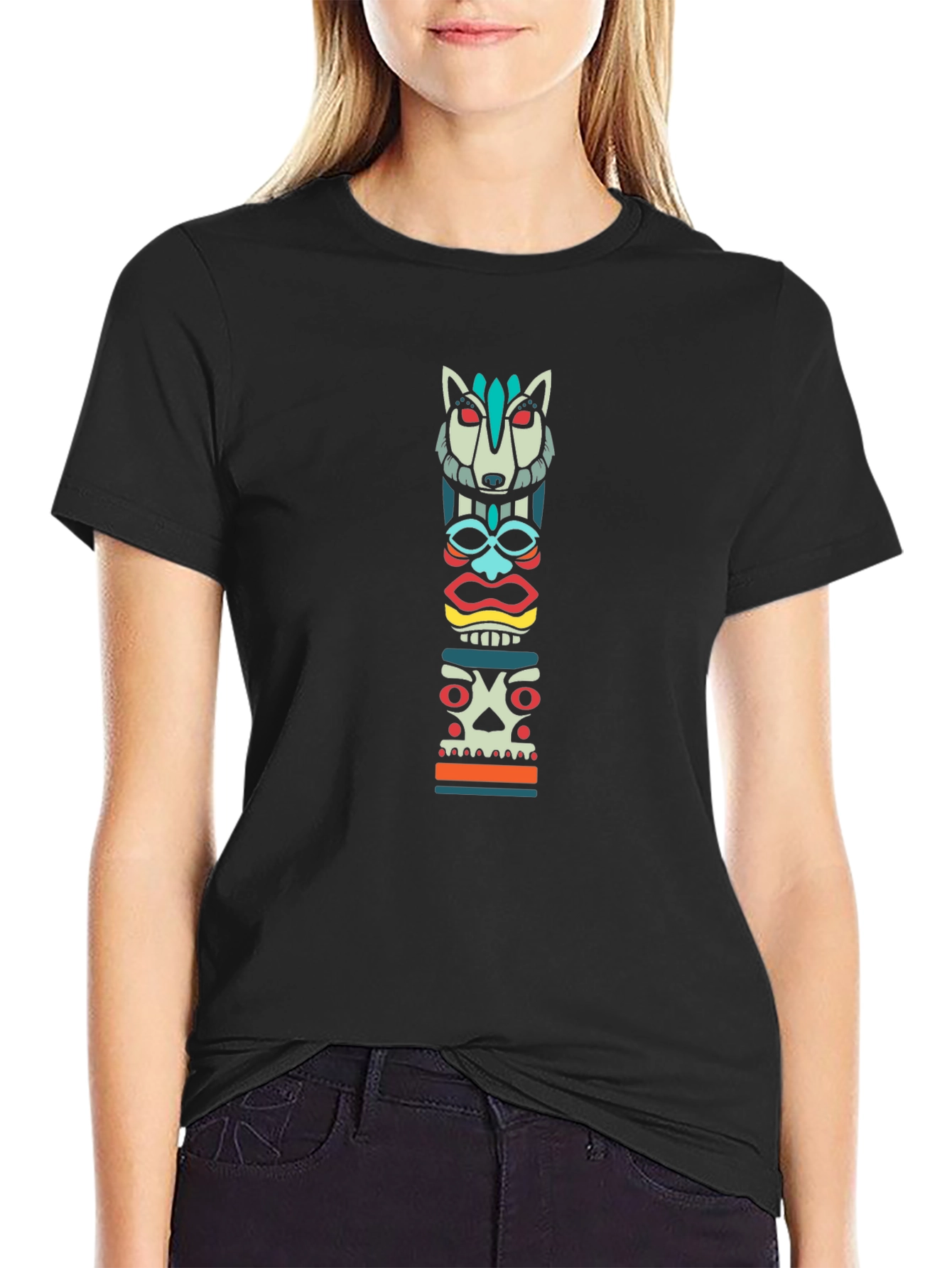 Cool Totem Pole Graphic T-Shirt - Black Cotton Tee