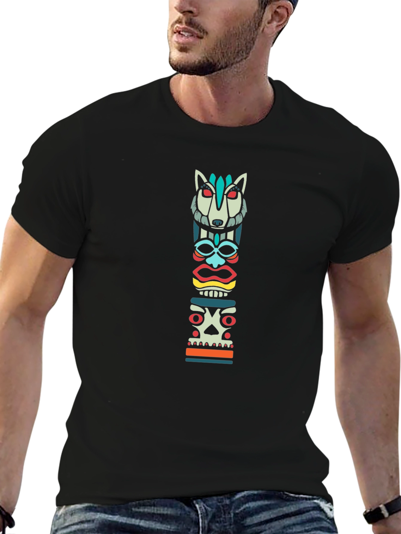Cool Totem Pole Graphic T-Shirt - Black Cotton Tee
