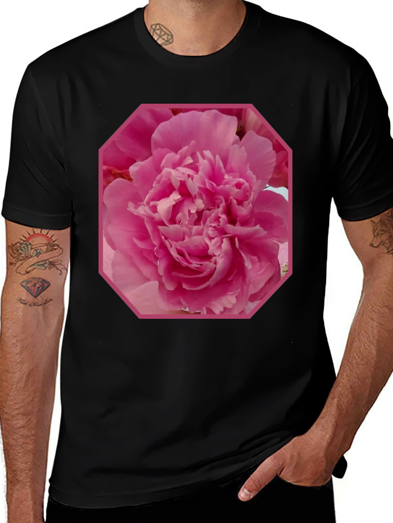 Pink Flower Graphic Tee - Stylish Mens Black T-Shirt