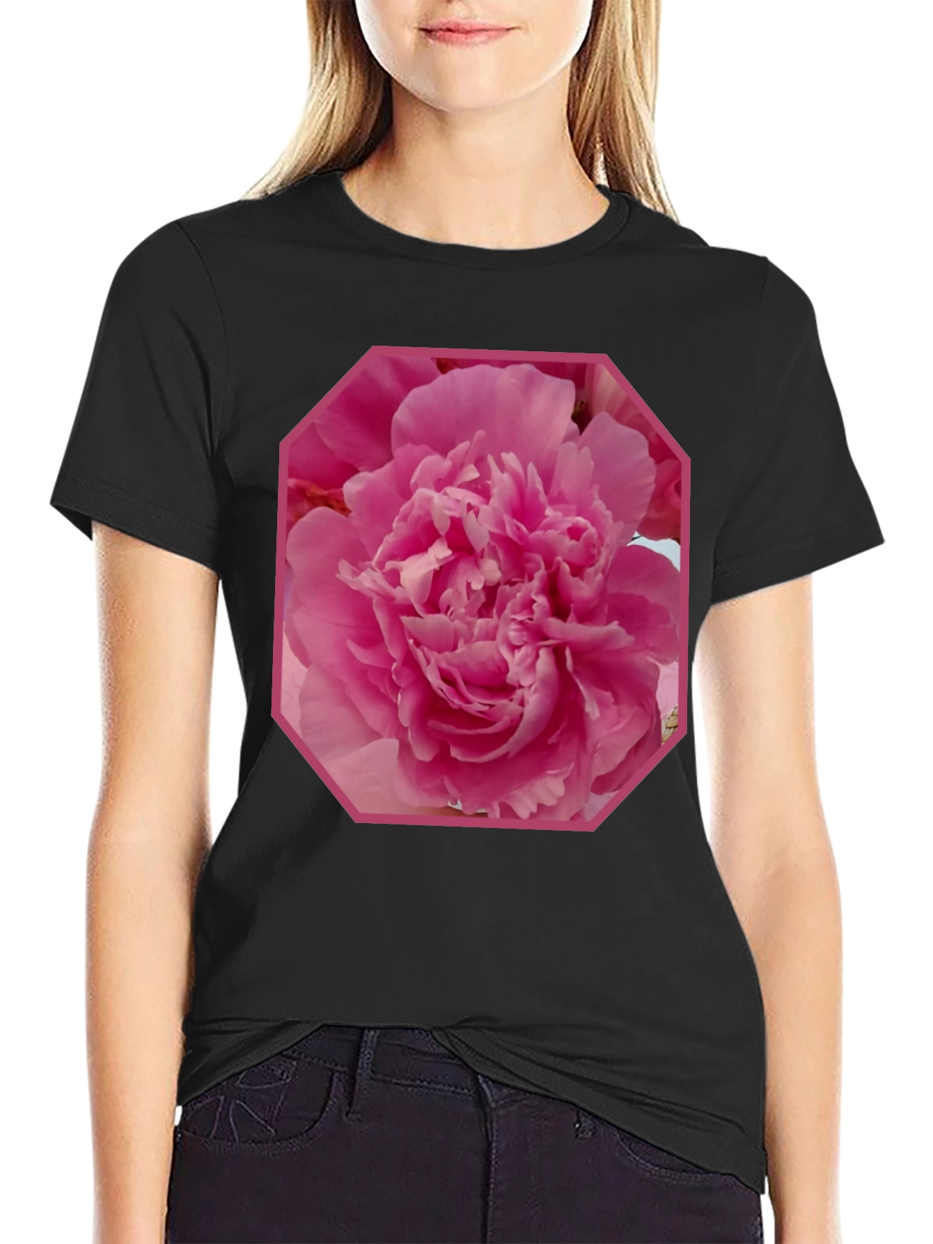 Pink Flower Graphic Tee - Stylish Mens Black T-Shirt