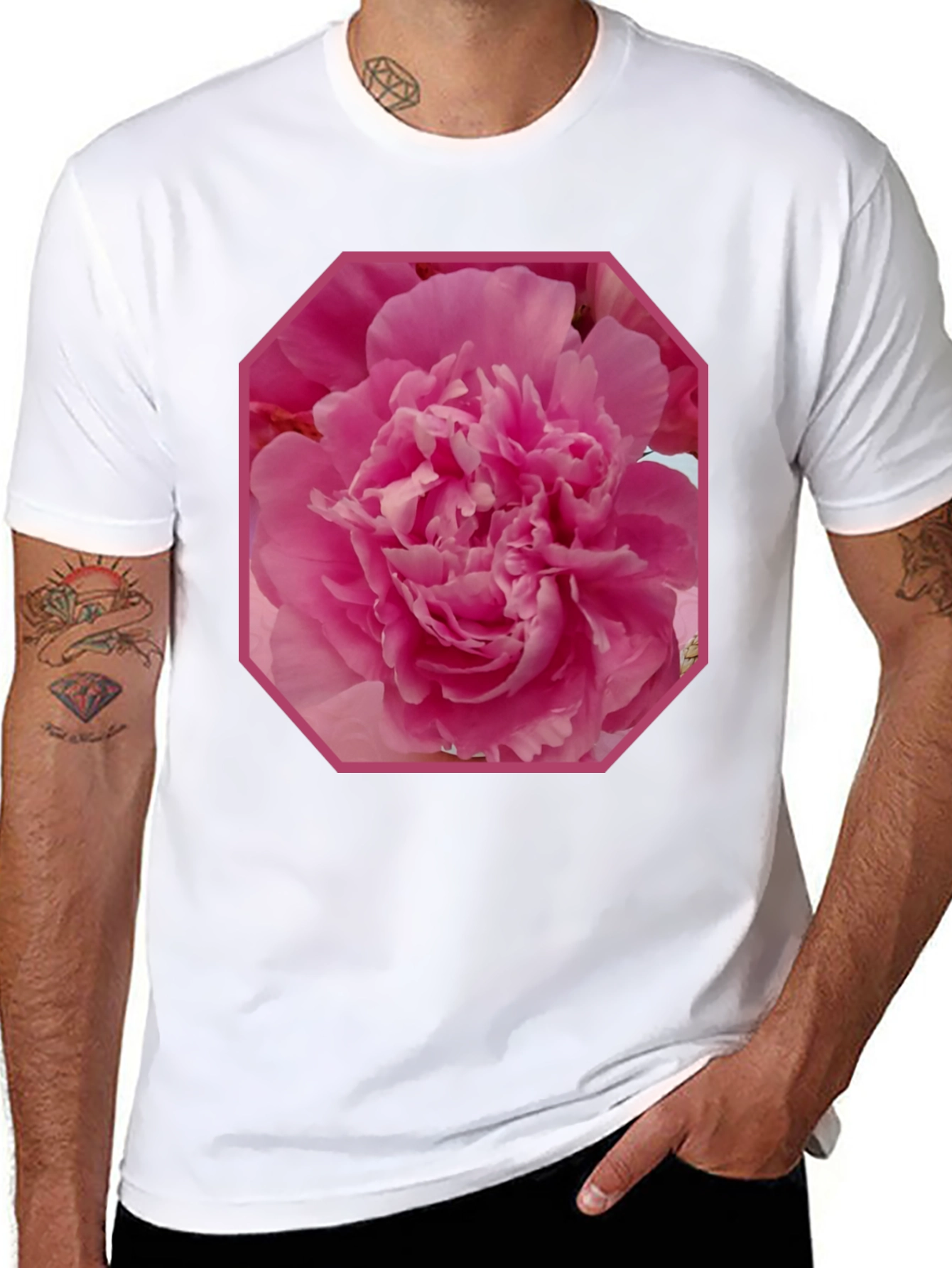 Pink Flower Graphic Tee - Stylish Mens Black T-Shirt