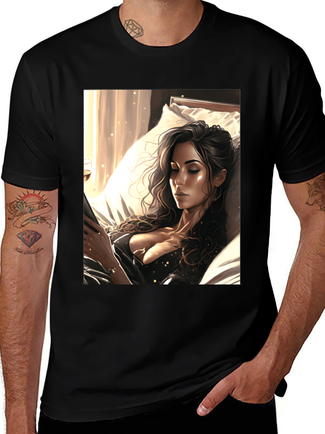Black T-Shirt with Artistic Woman Design