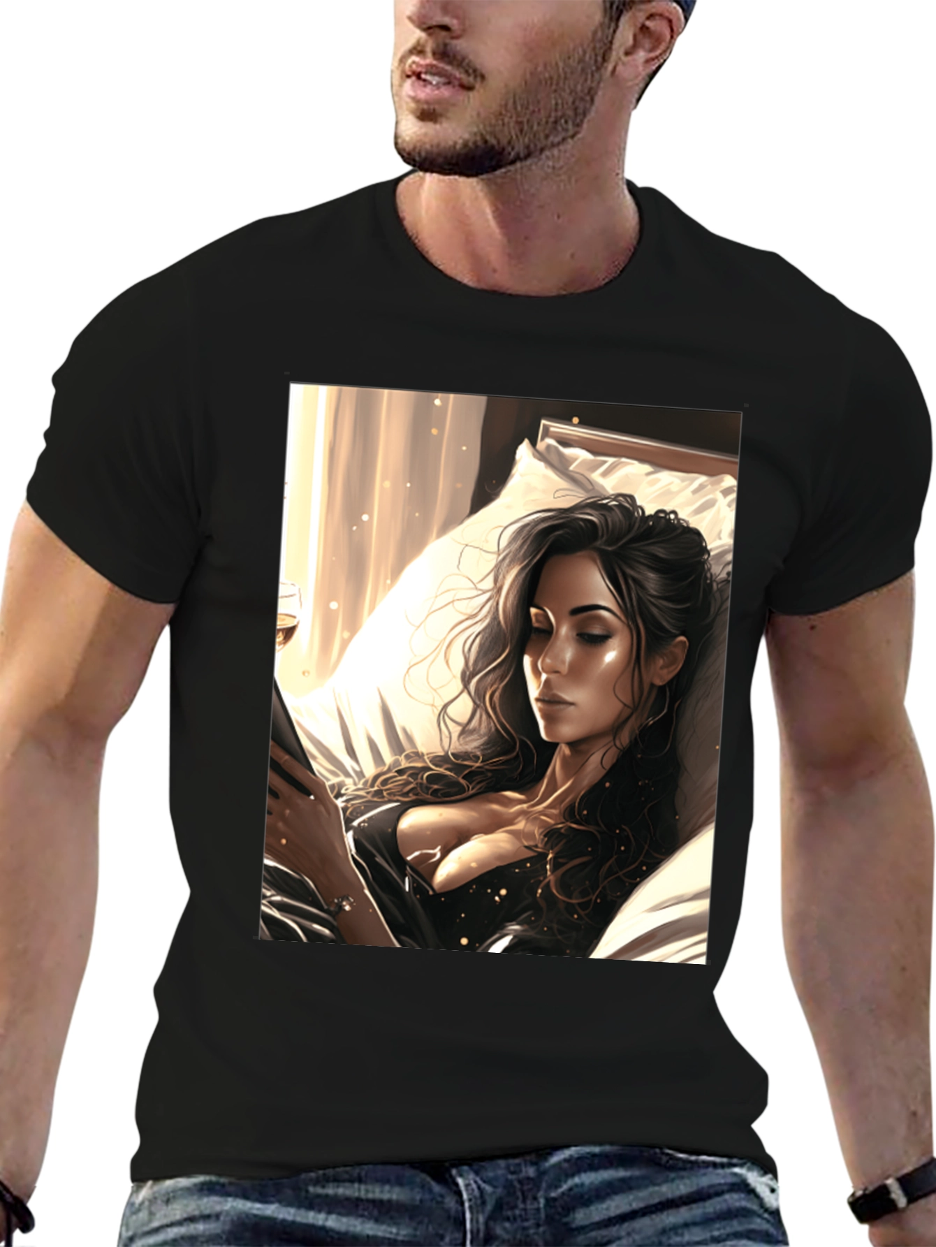 Black T-Shirt with Artistic Woman Design