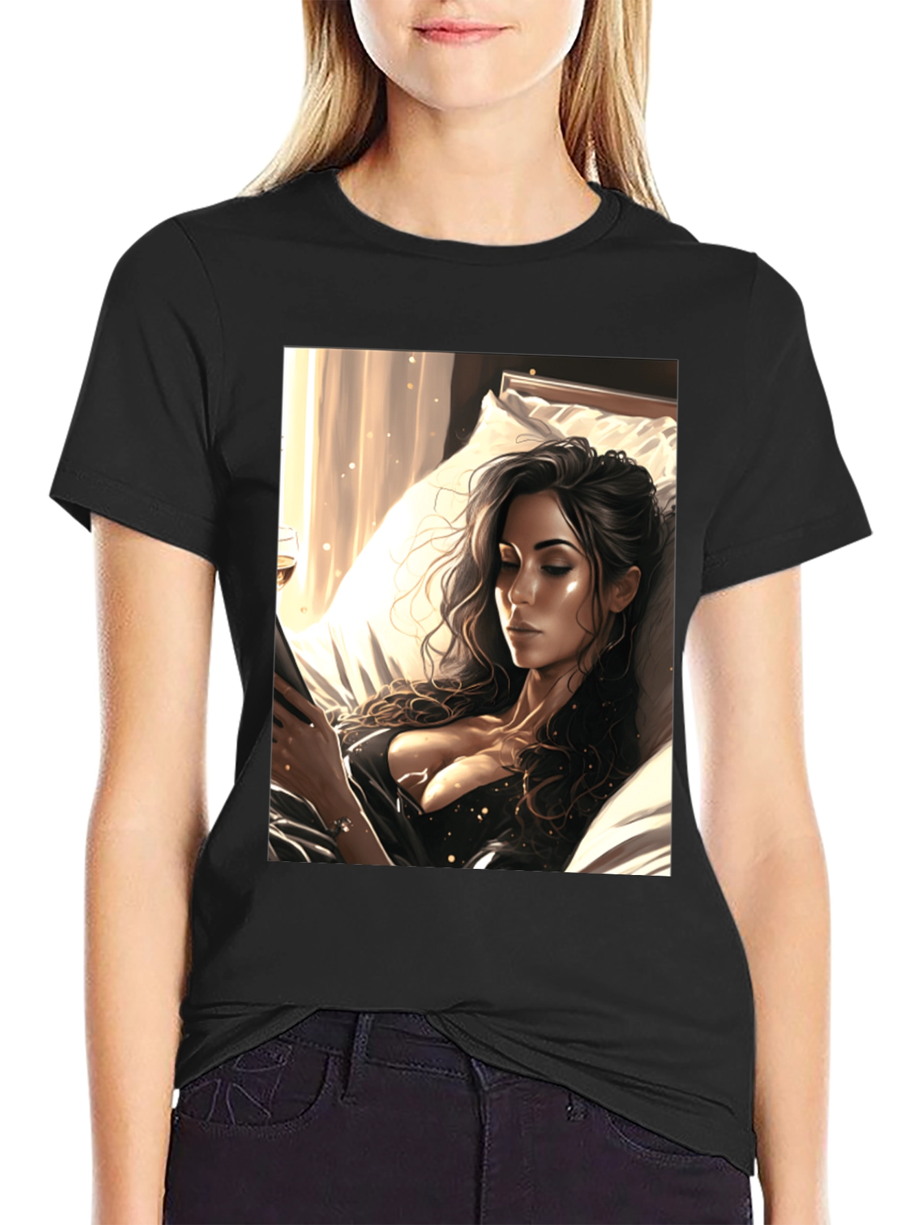 Black T-Shirt with Artistic Woman Design