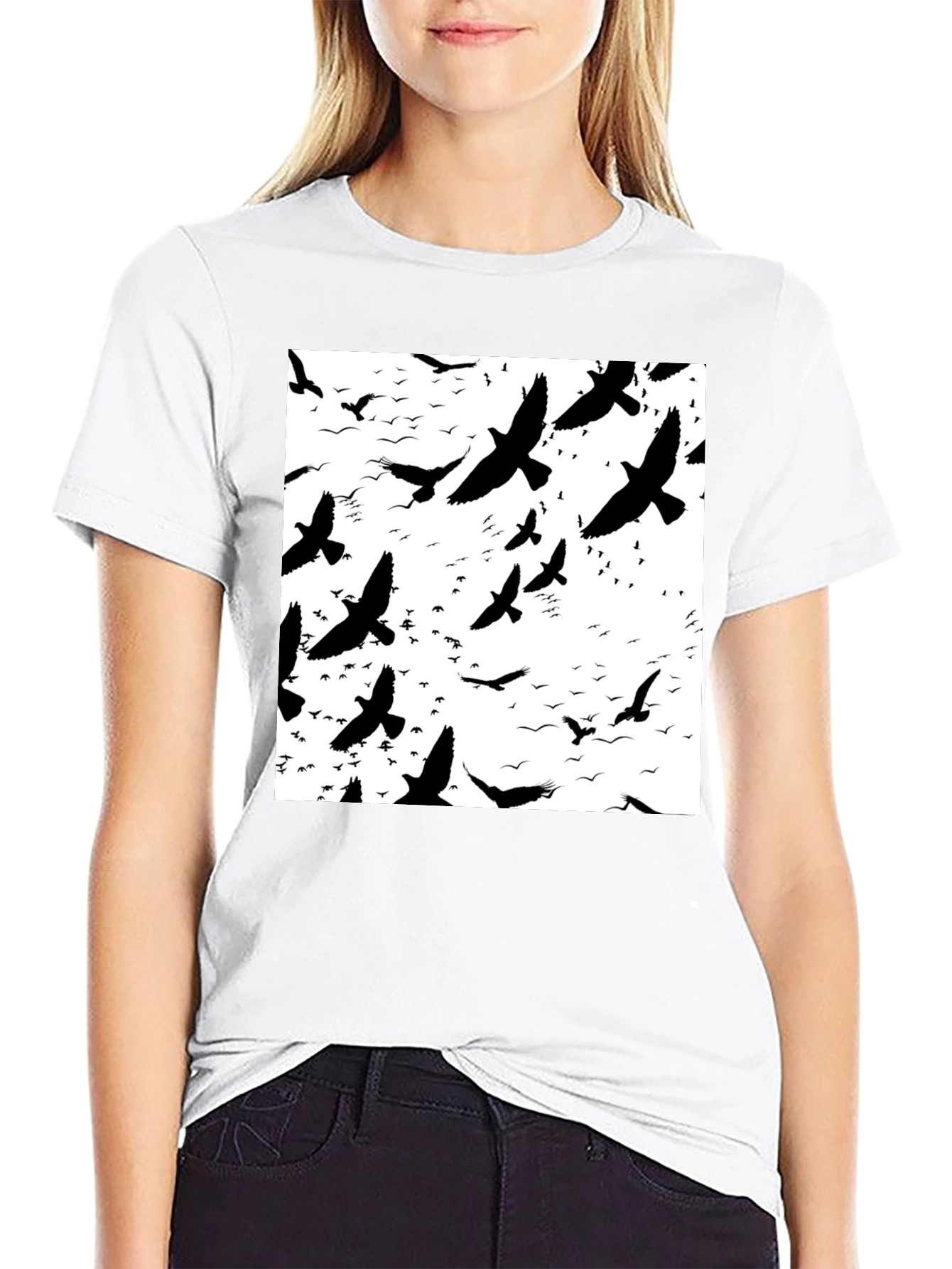 Bird Silhouette Graphic Print Black T-Shirt