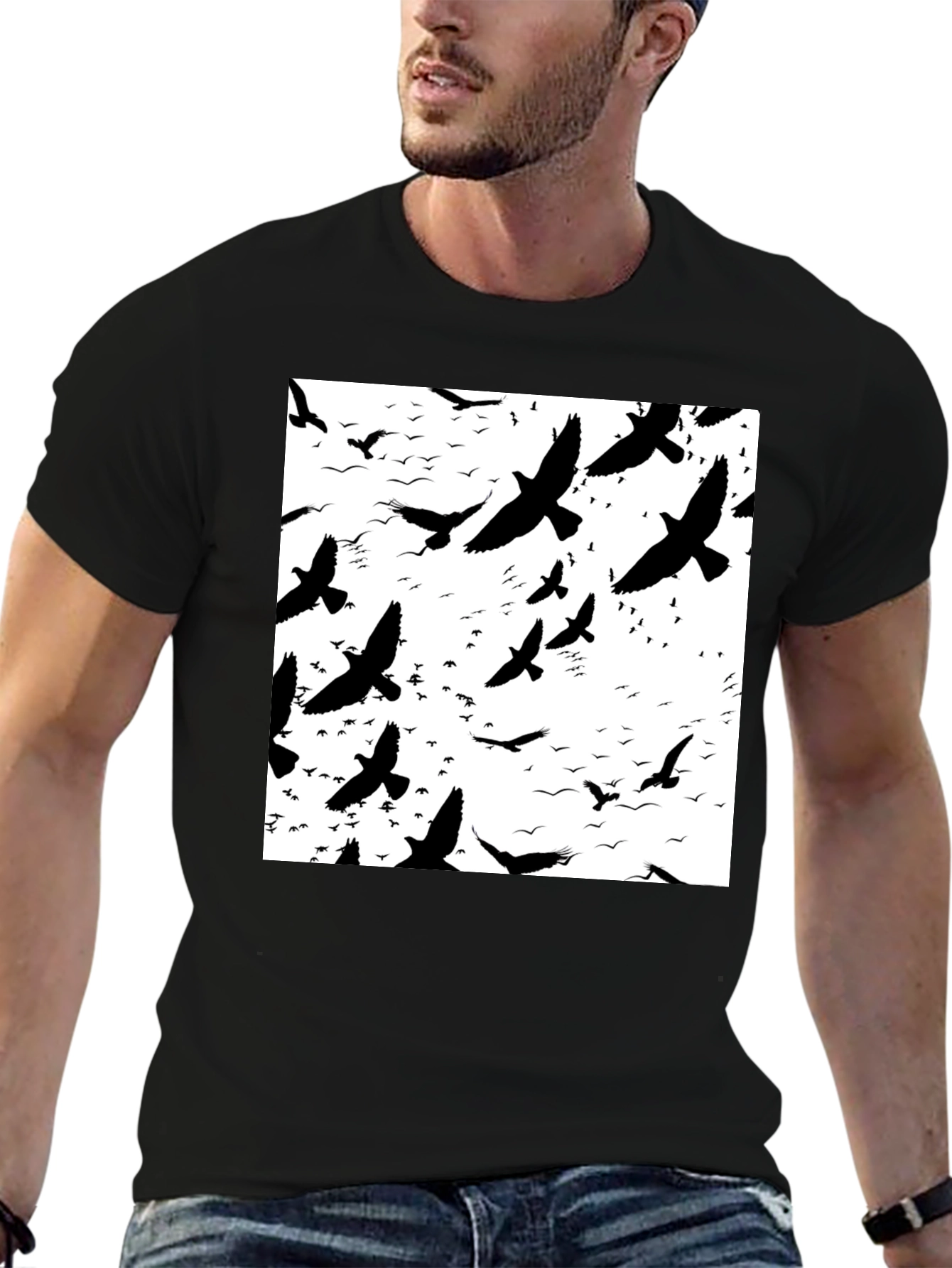 Bird Silhouette Graphic Print Black T-Shirt