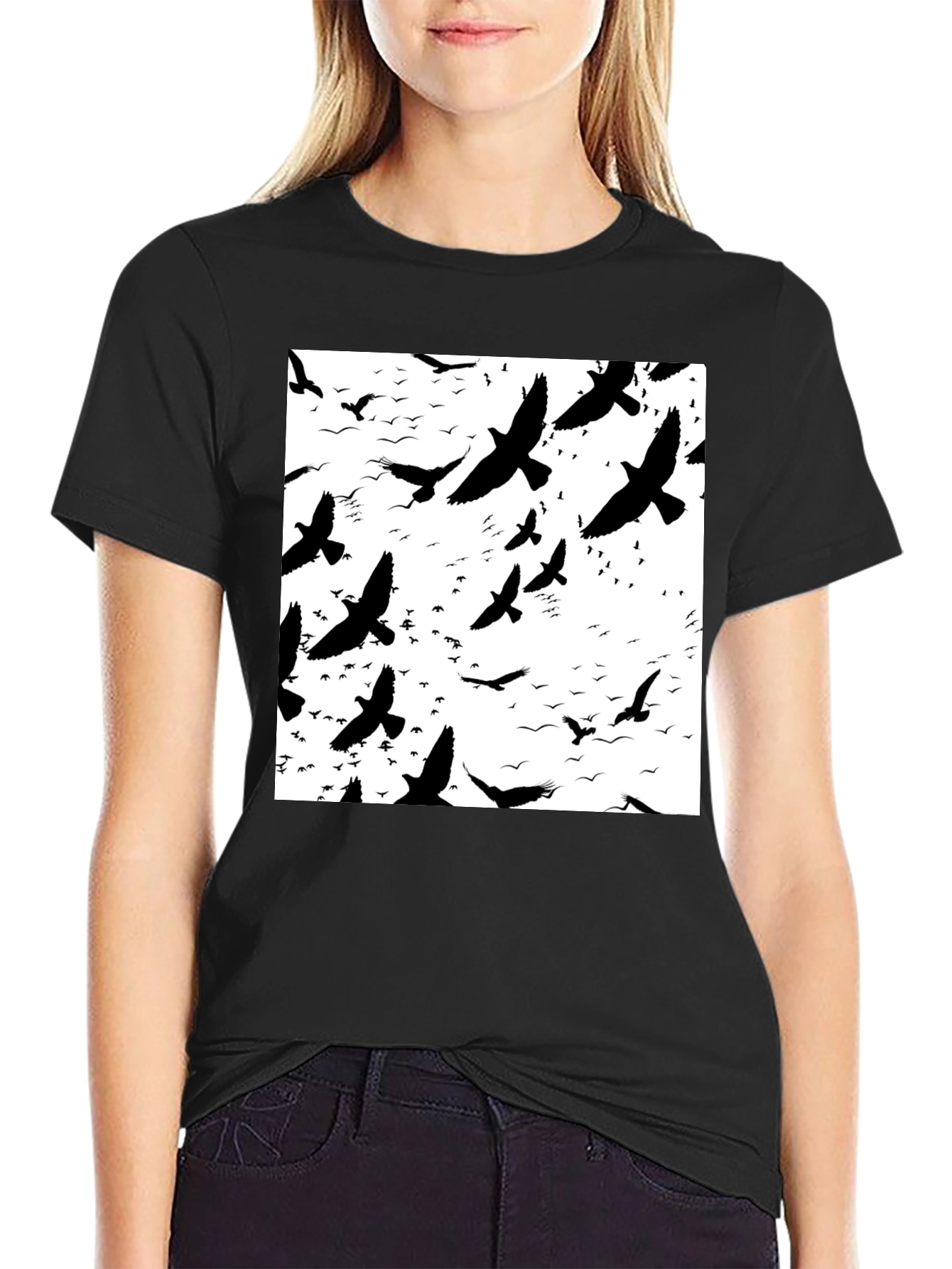Bird Silhouette Graphic Print Black T-Shirt