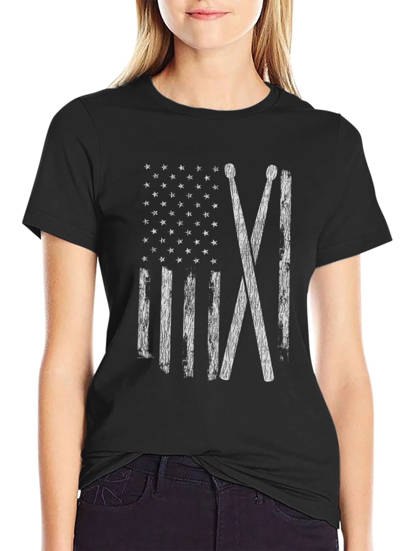 Drum Sticks American Flag Black T-Shirt