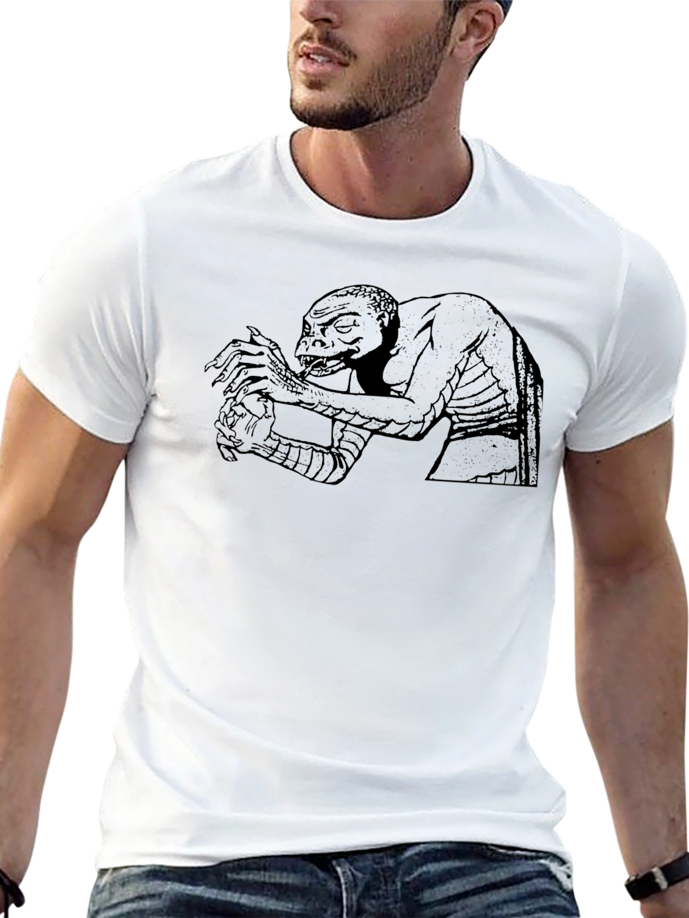 Reptilian Humanoid Graphic T-Shirt - Black