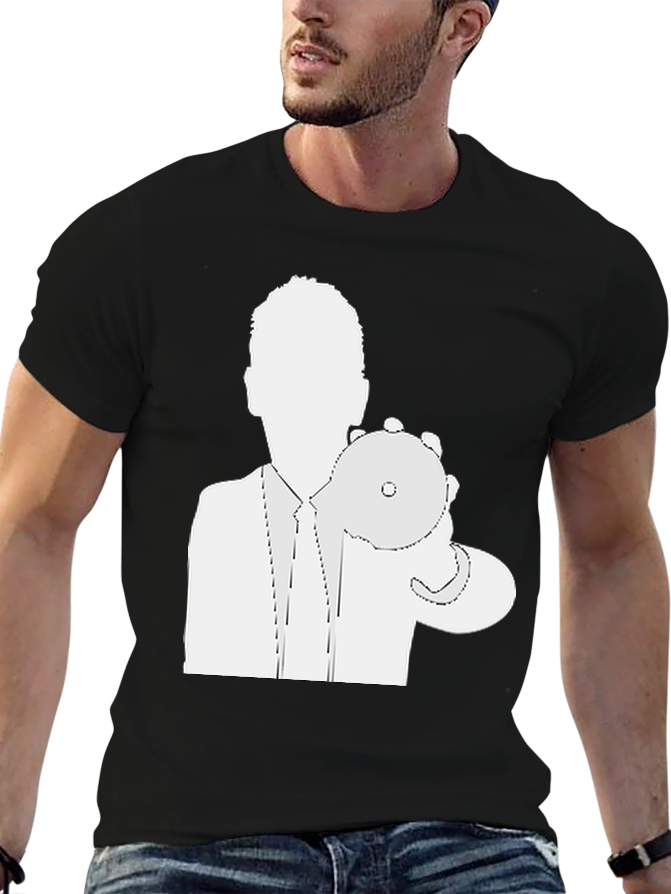 Mans Black T-Shirt - Silhouette Holding CD