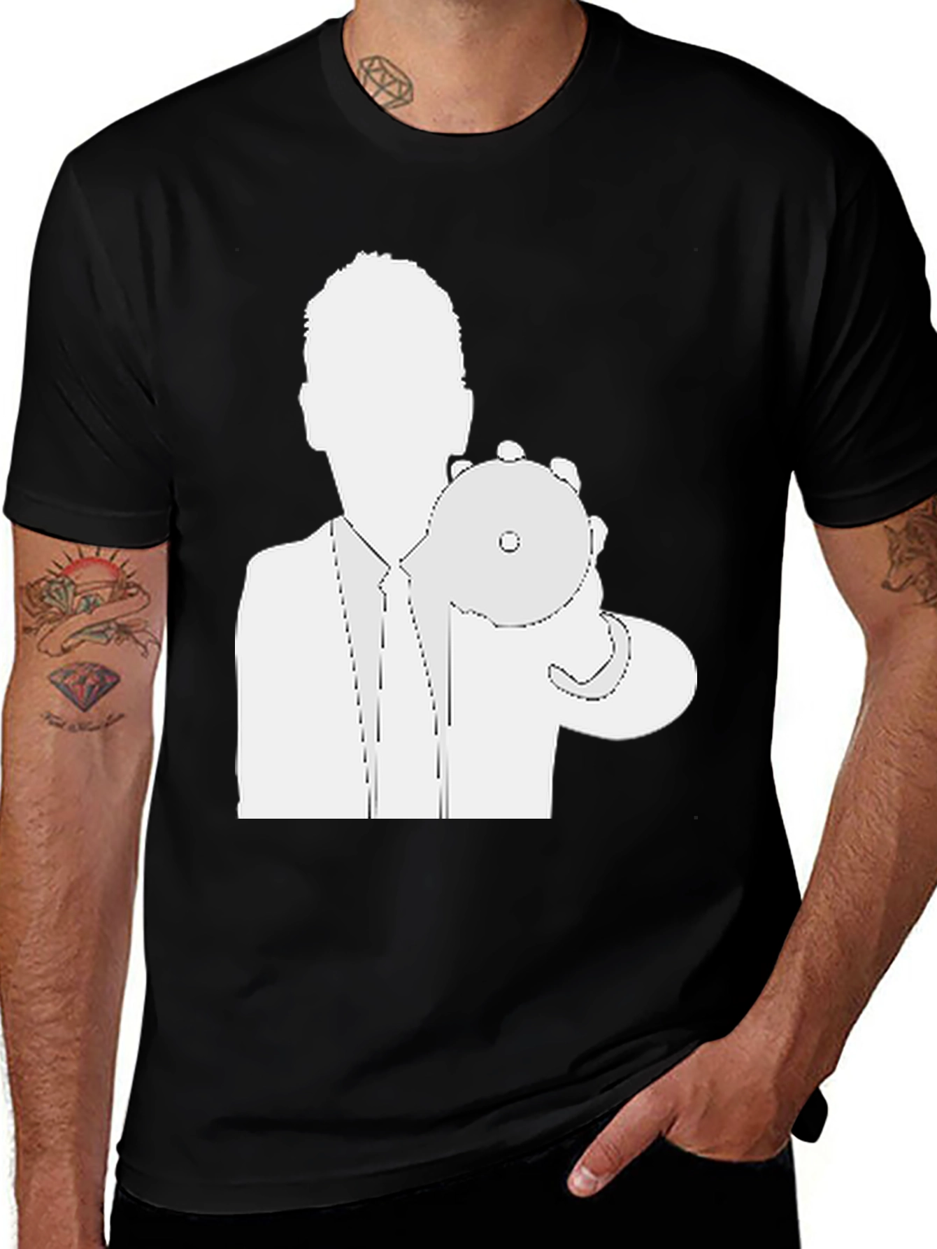 Mans Black T-Shirt - Silhouette Holding CD