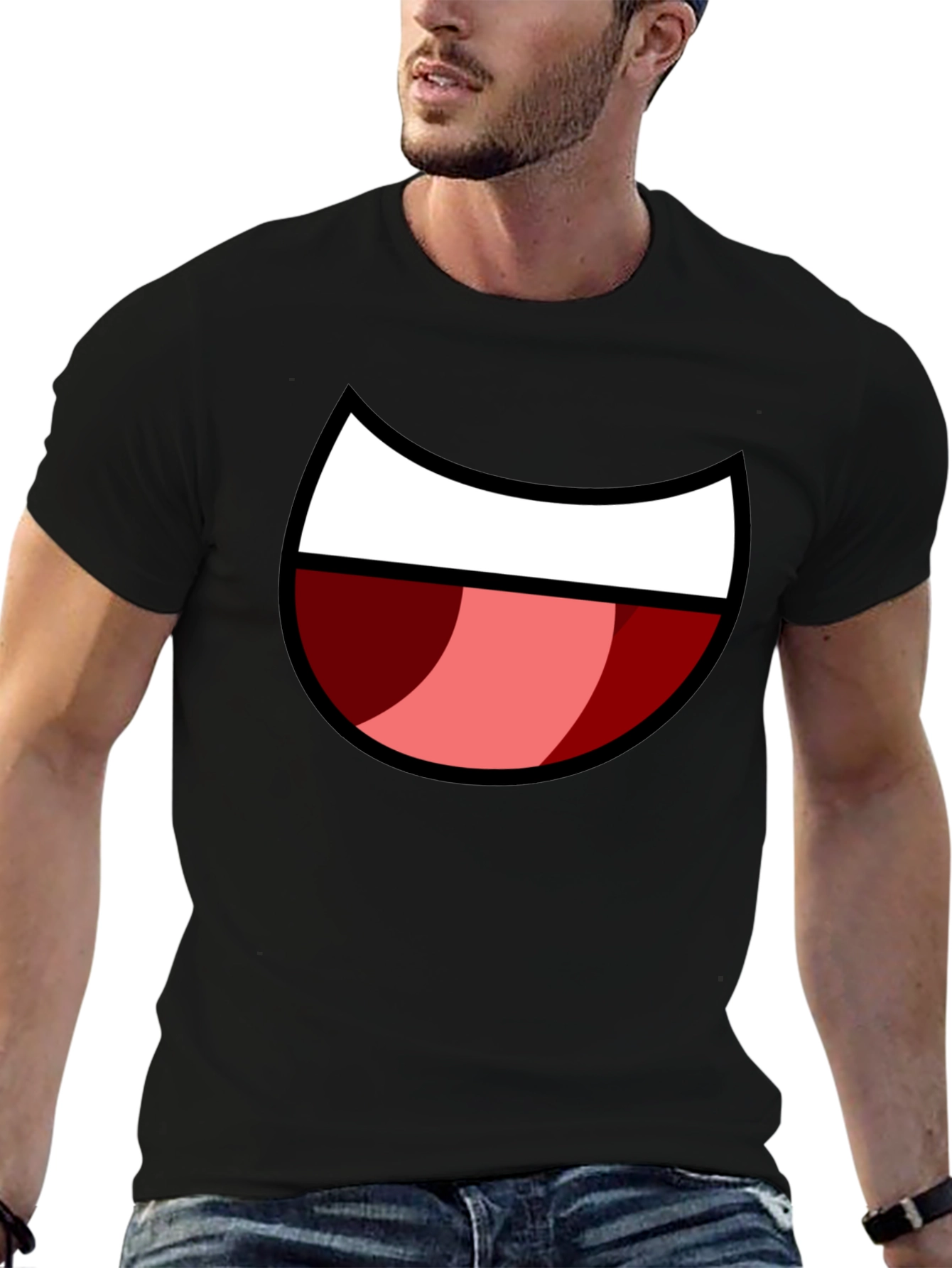 Cartoon Mouth Graphic Tee - Black Cotton Blend