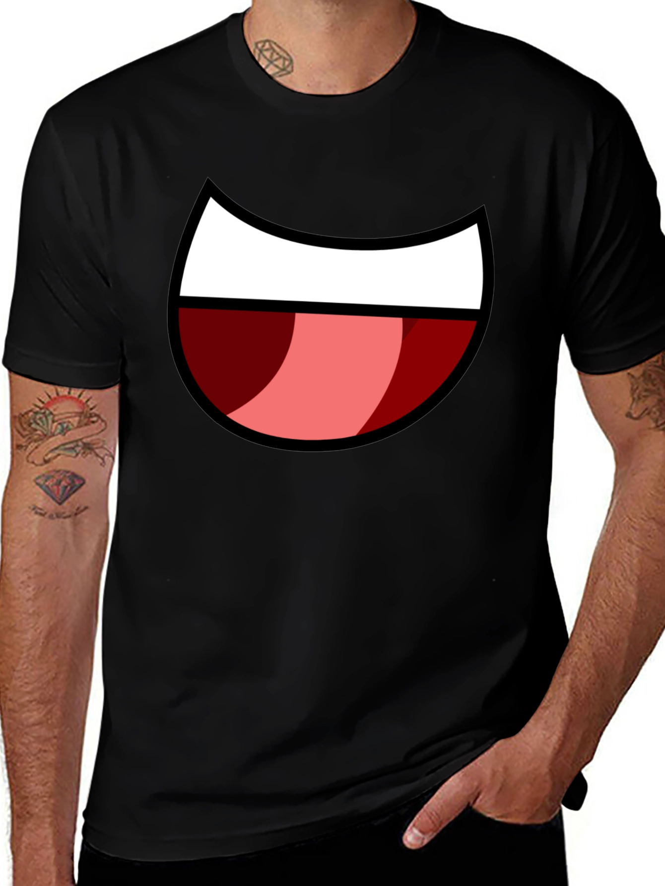 Cartoon Mouth Graphic Tee - Black Cotton Blend
