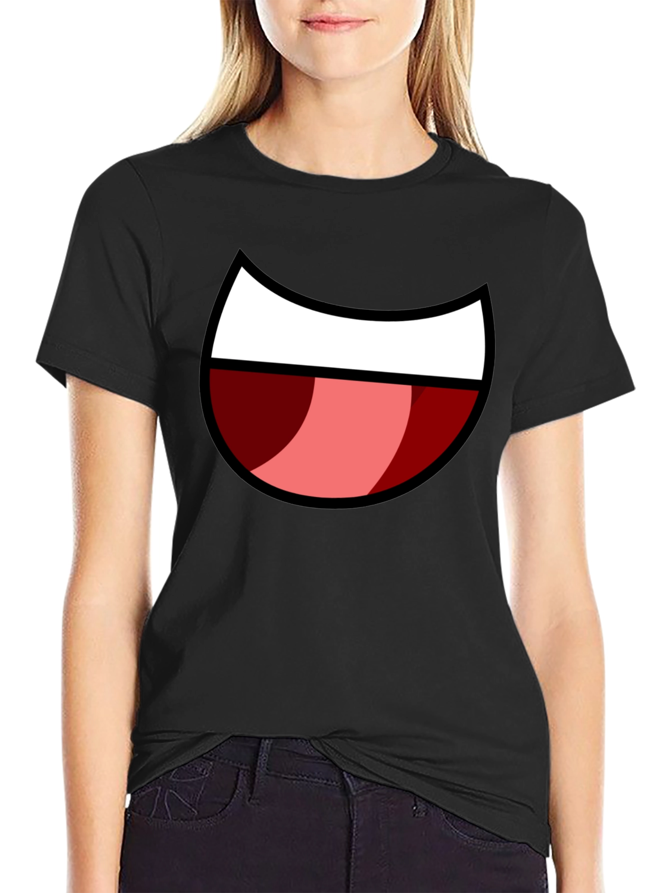 Cartoon Mouth Graphic Tee - Black Cotton Blend