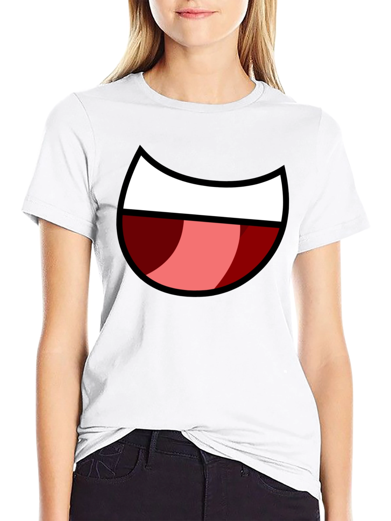 Cartoon Mouth Graphic Tee - Black Cotton Blend