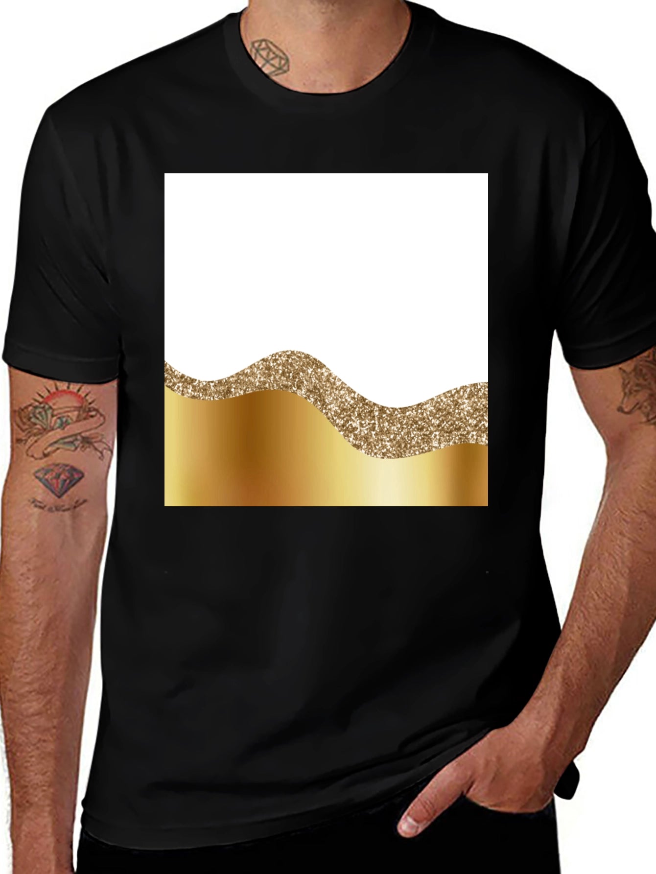 Stylish Black Tee with Gold Wave Design