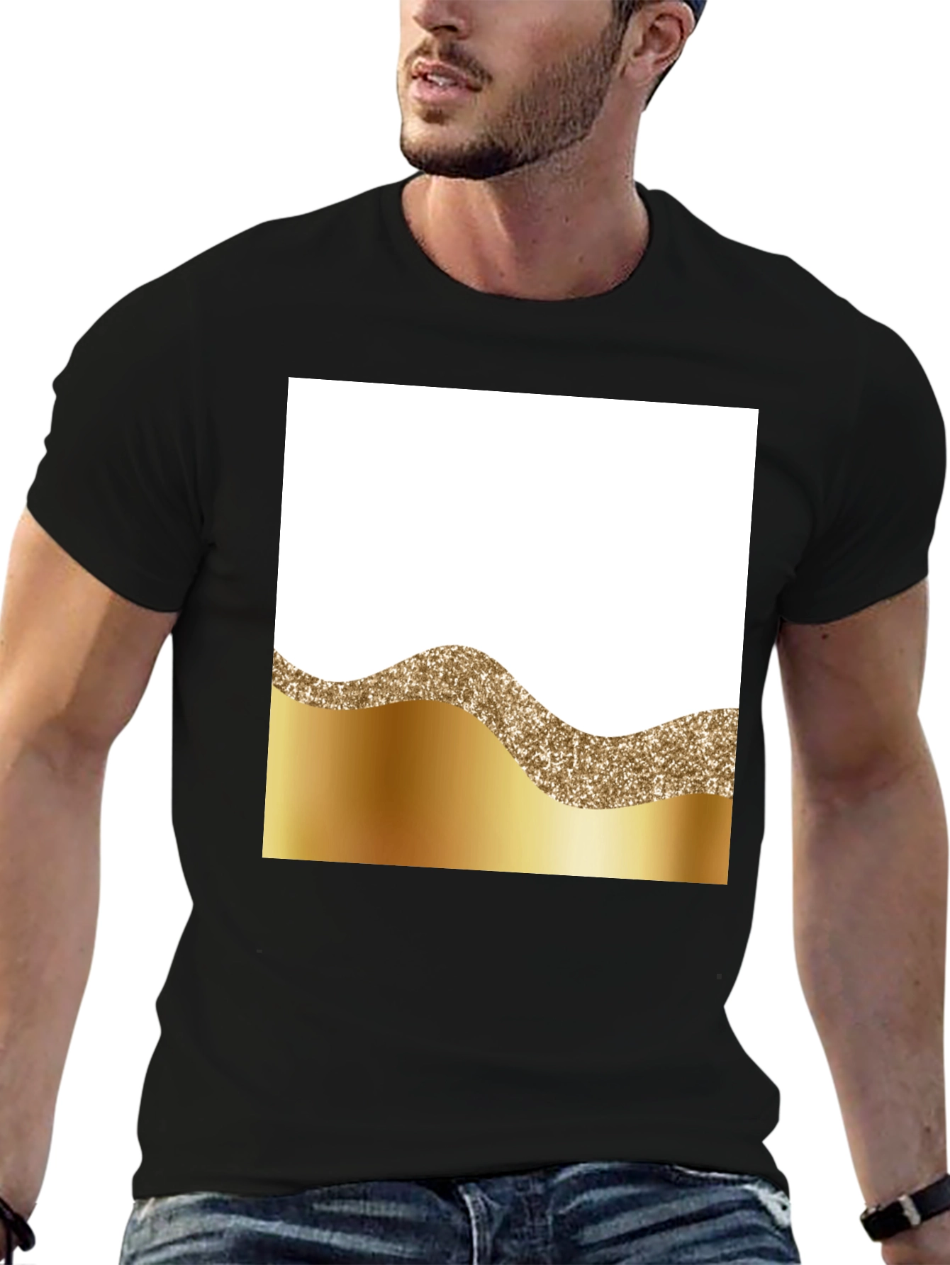 Stylish Black Tee with Gold Wave Design