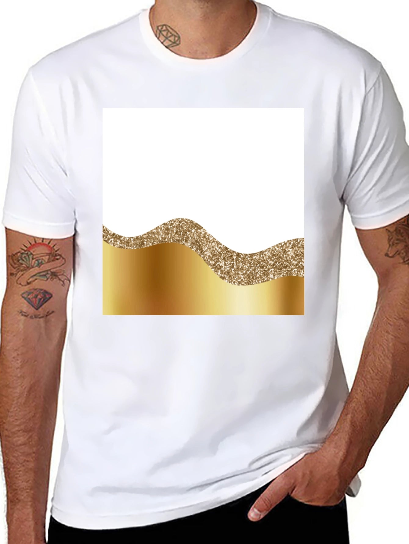 Stylish Black Tee with Gold Wave Design