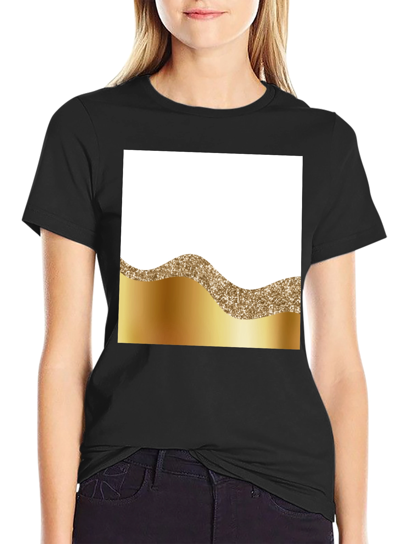 Stylish Black Tee with Gold Wave Design