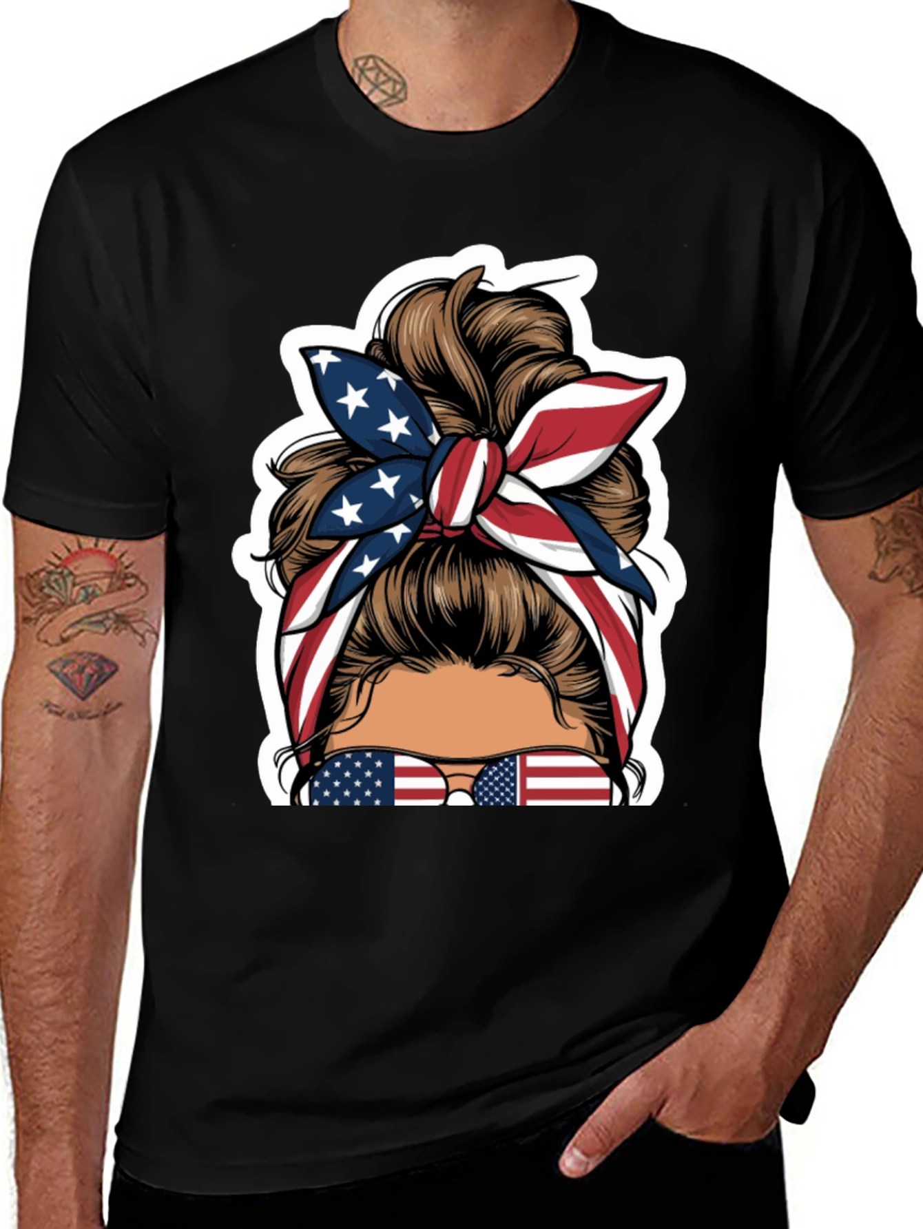 Patriotic Messy Bun T-Shirt - USA Flag Design