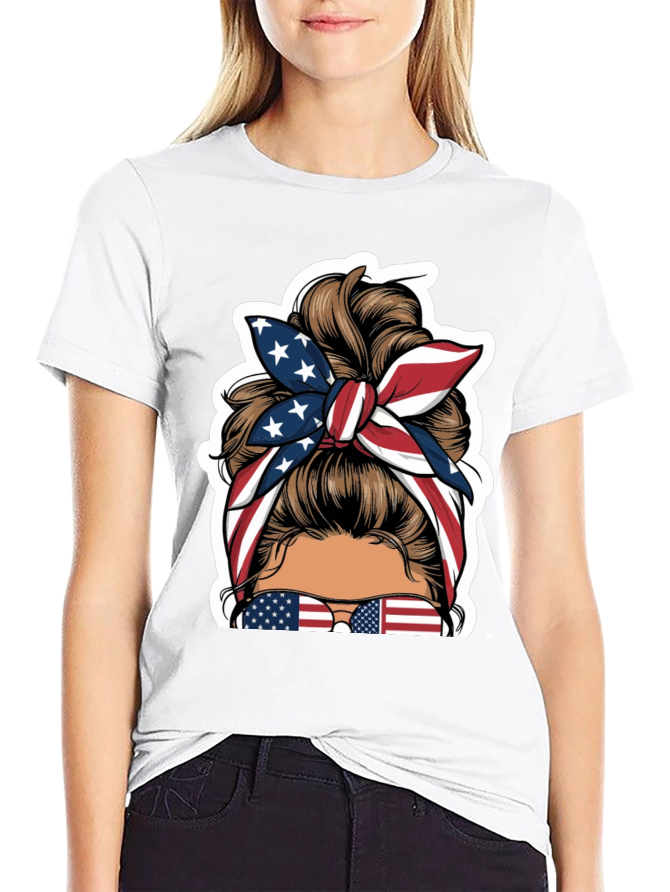Patriotic Messy Bun T-Shirt - USA Flag Design
