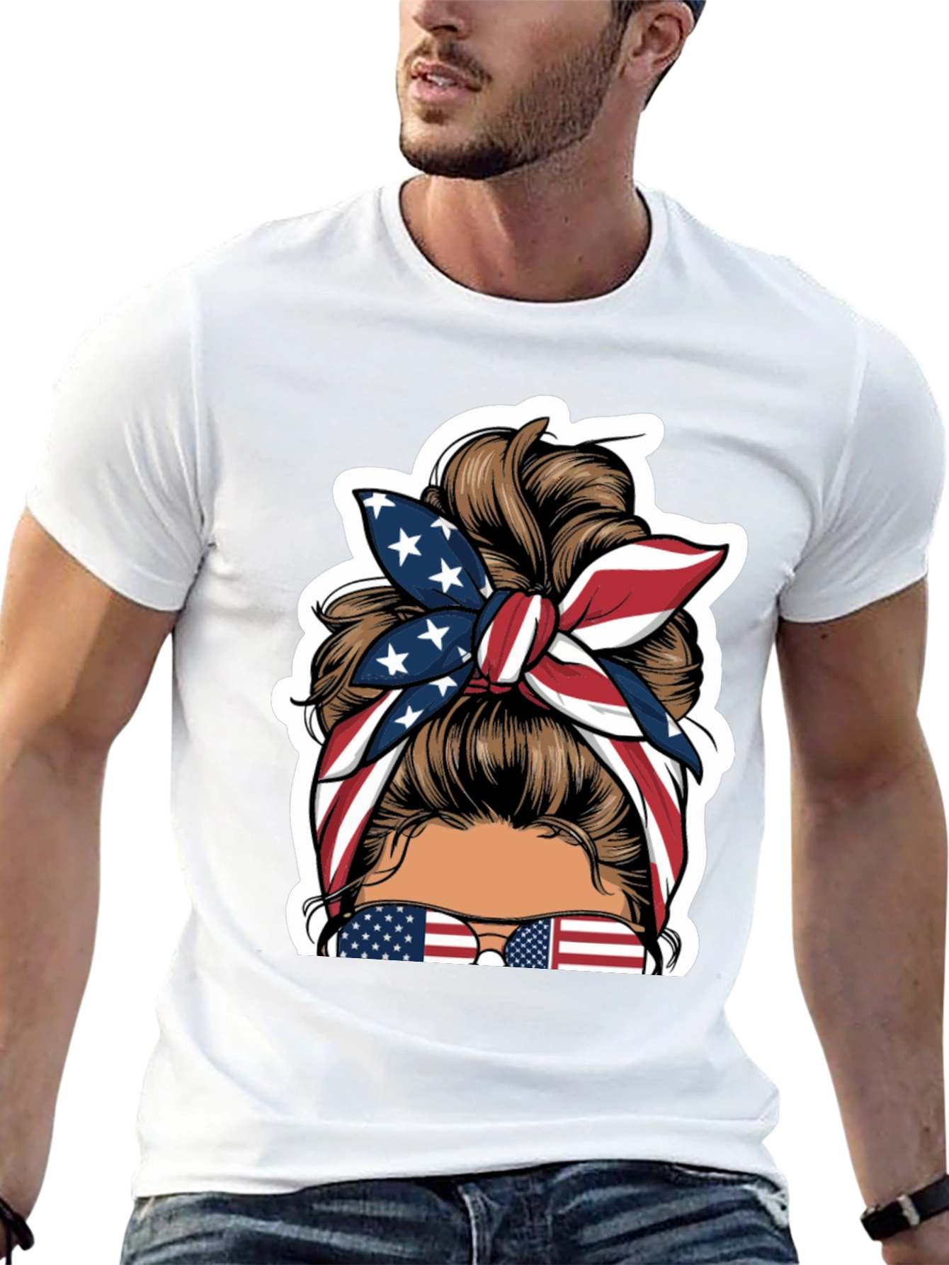 Patriotic Messy Bun T-Shirt - USA Flag Design