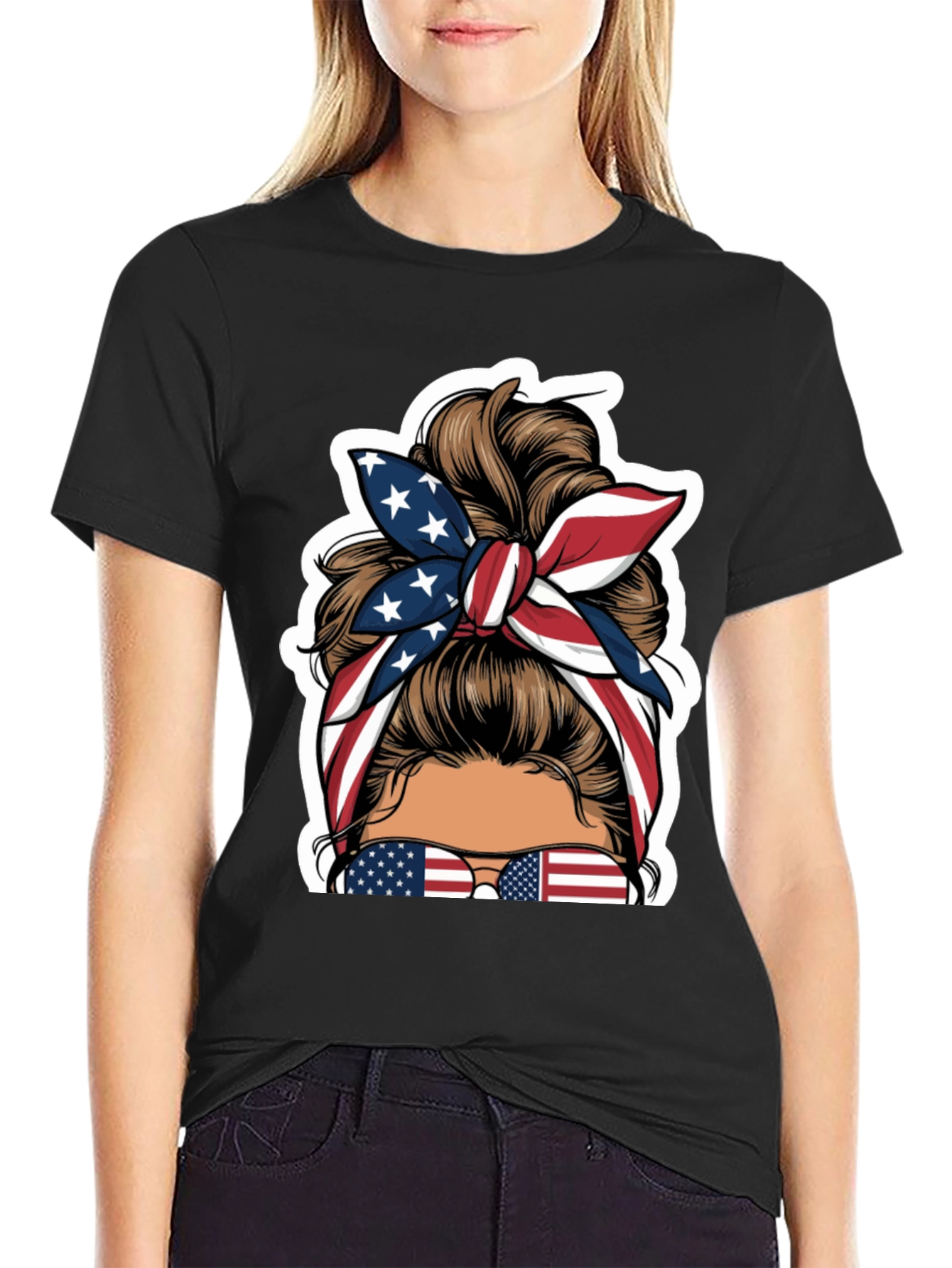 Patriotic Messy Bun T-Shirt - USA Flag Design