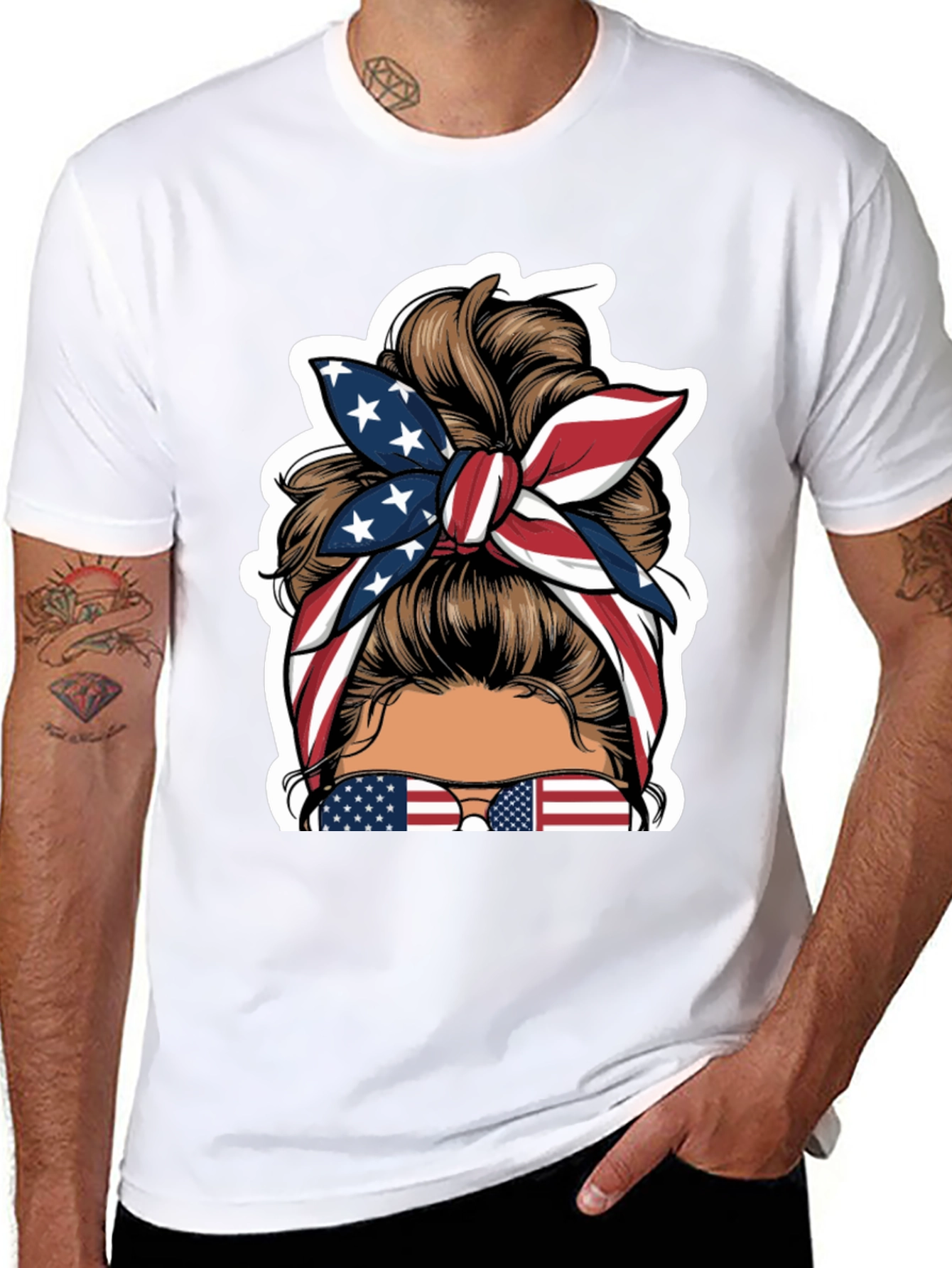 Patriotic Messy Bun T-Shirt - USA Flag Design