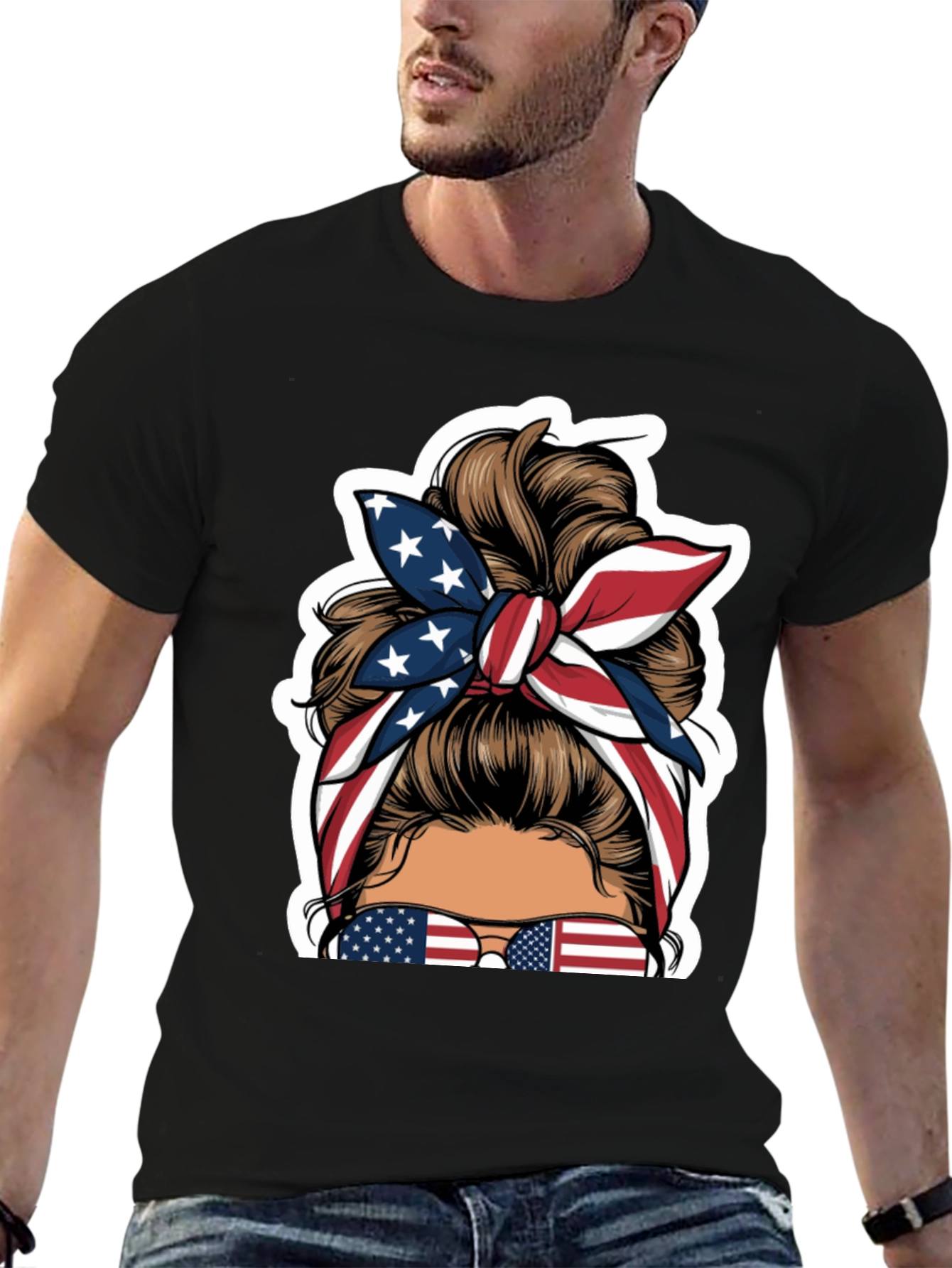 Patriotic Messy Bun T-Shirt - USA Flag Design