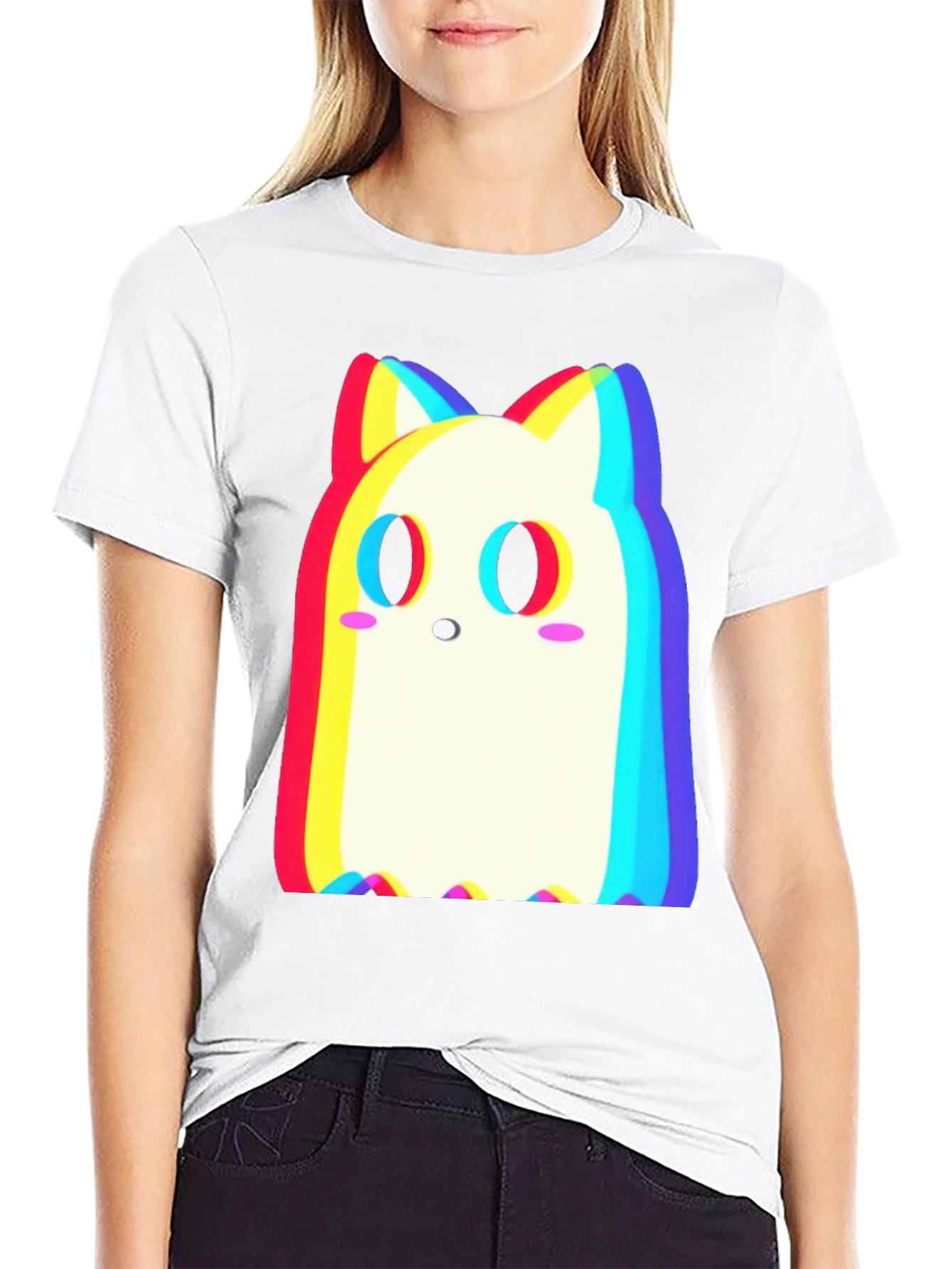 Cute Ghost Cat T-Shirt - Glitch Style