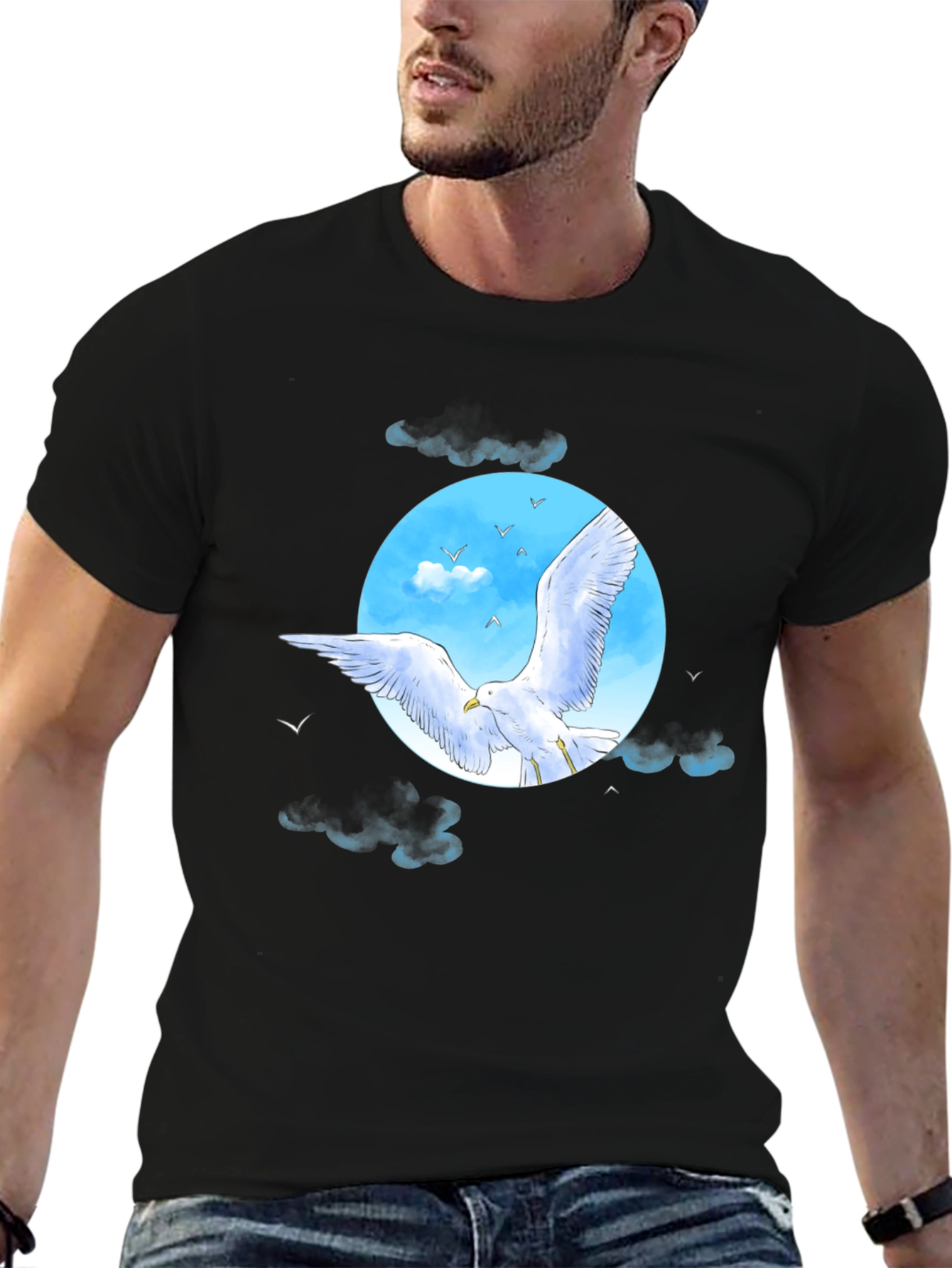 Seagull Sky Graphic Tee - Black Cotton Blend