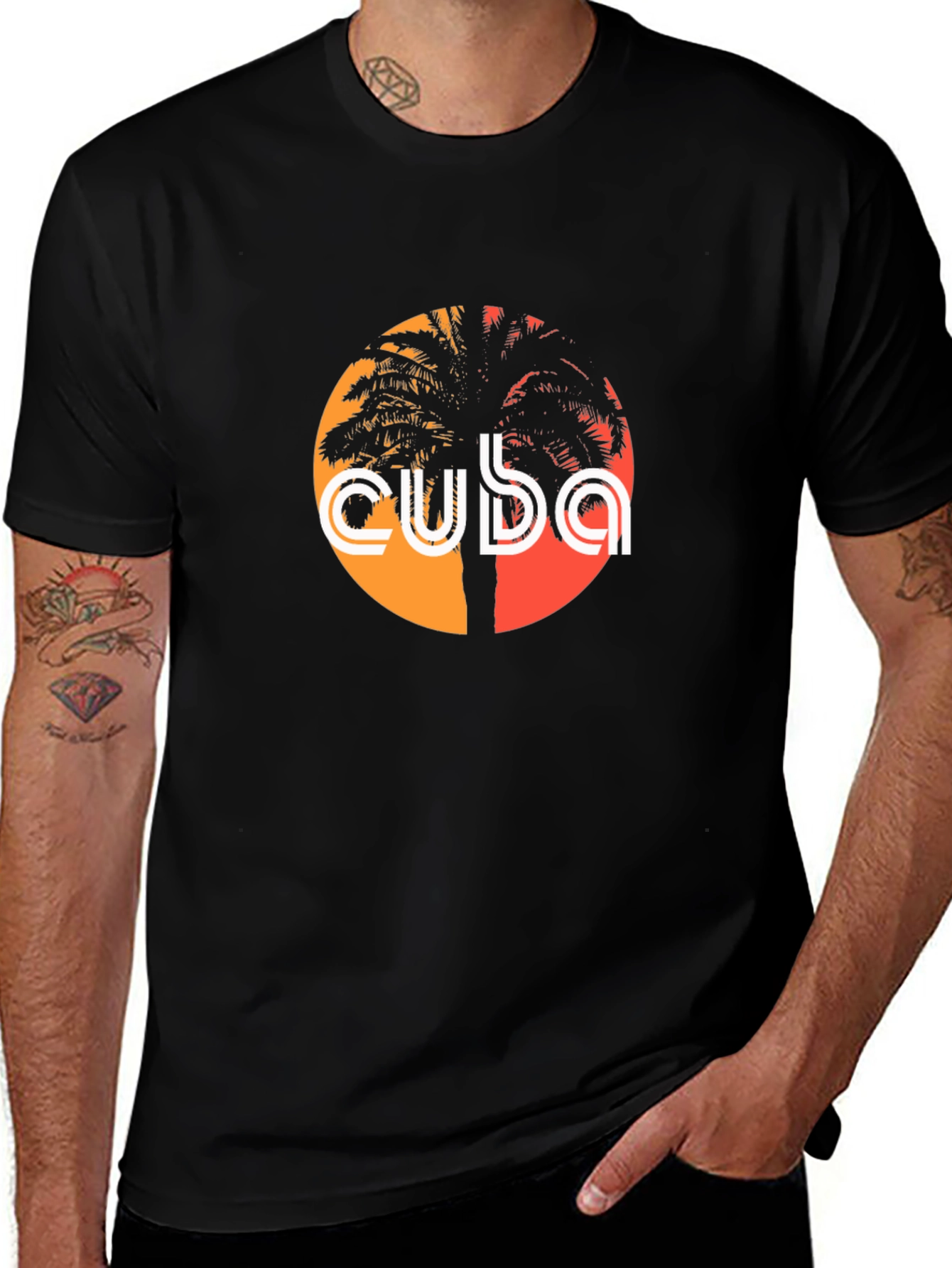 Cuba Palm Tree Graphic Tee - Retro Sunset Design