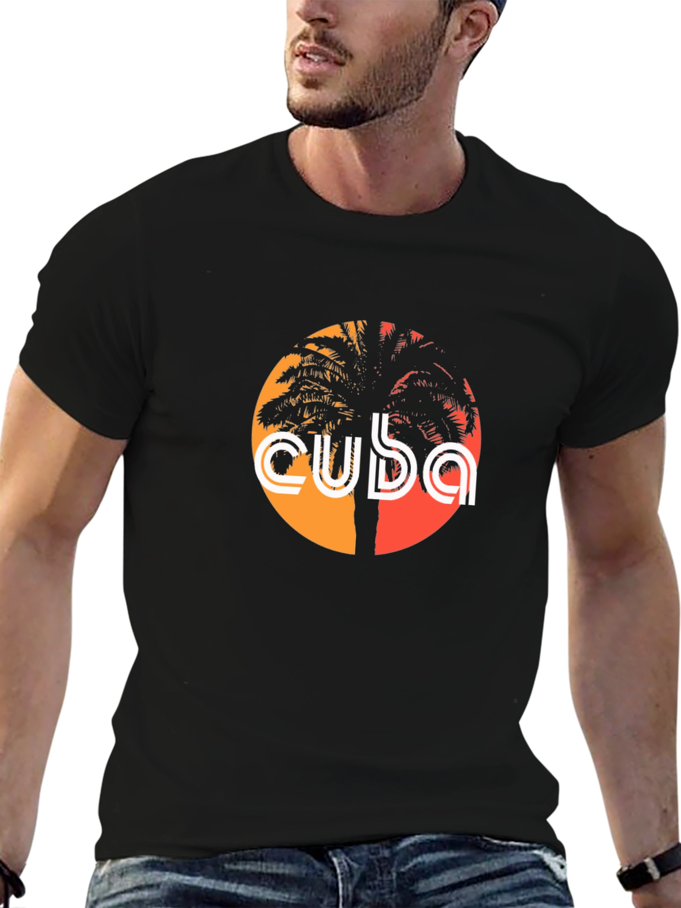 Cuba Palm Tree Graphic Tee - Retro Sunset Design