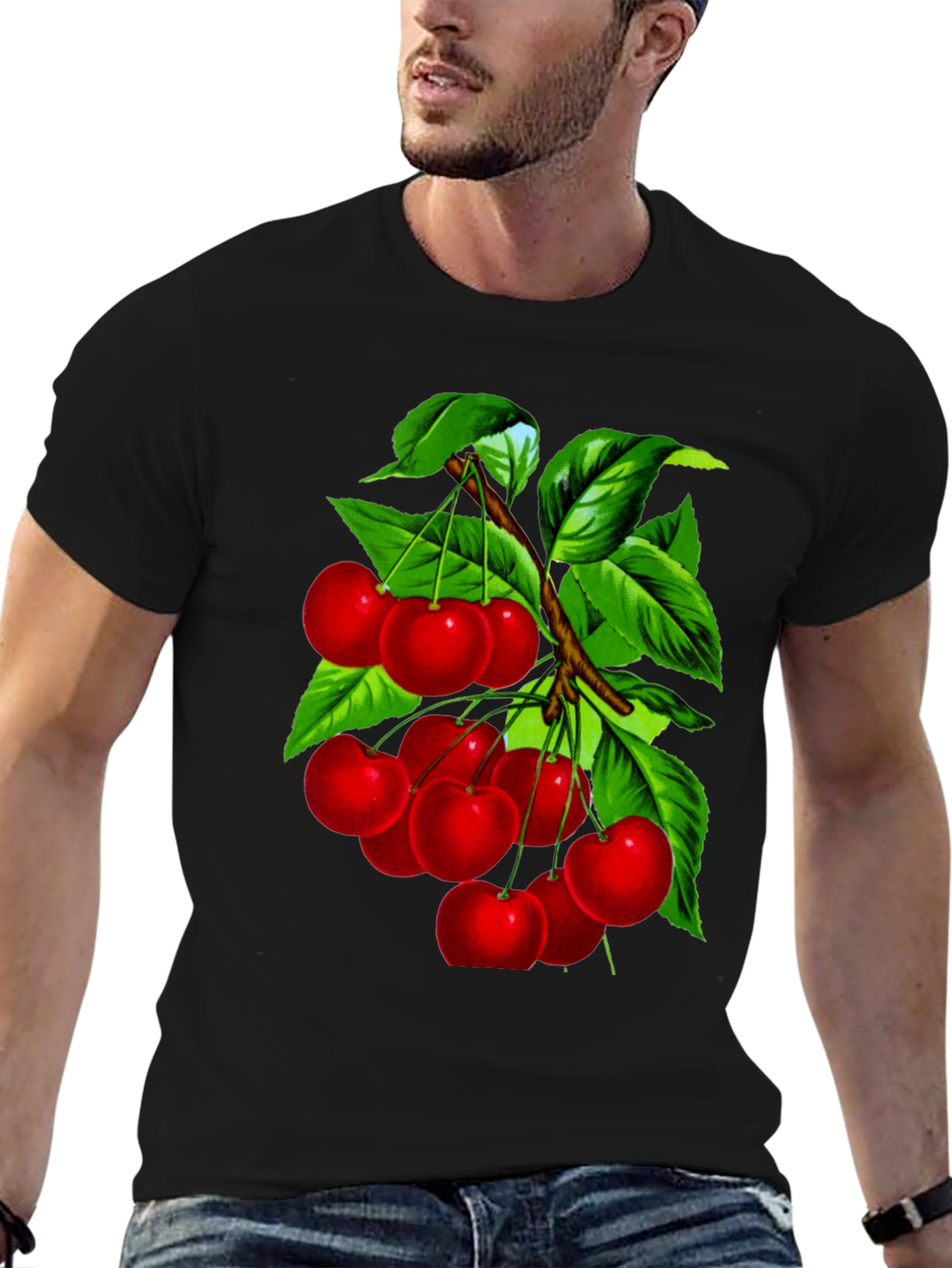 Cherry Print Black Crew Neck T-Shirt